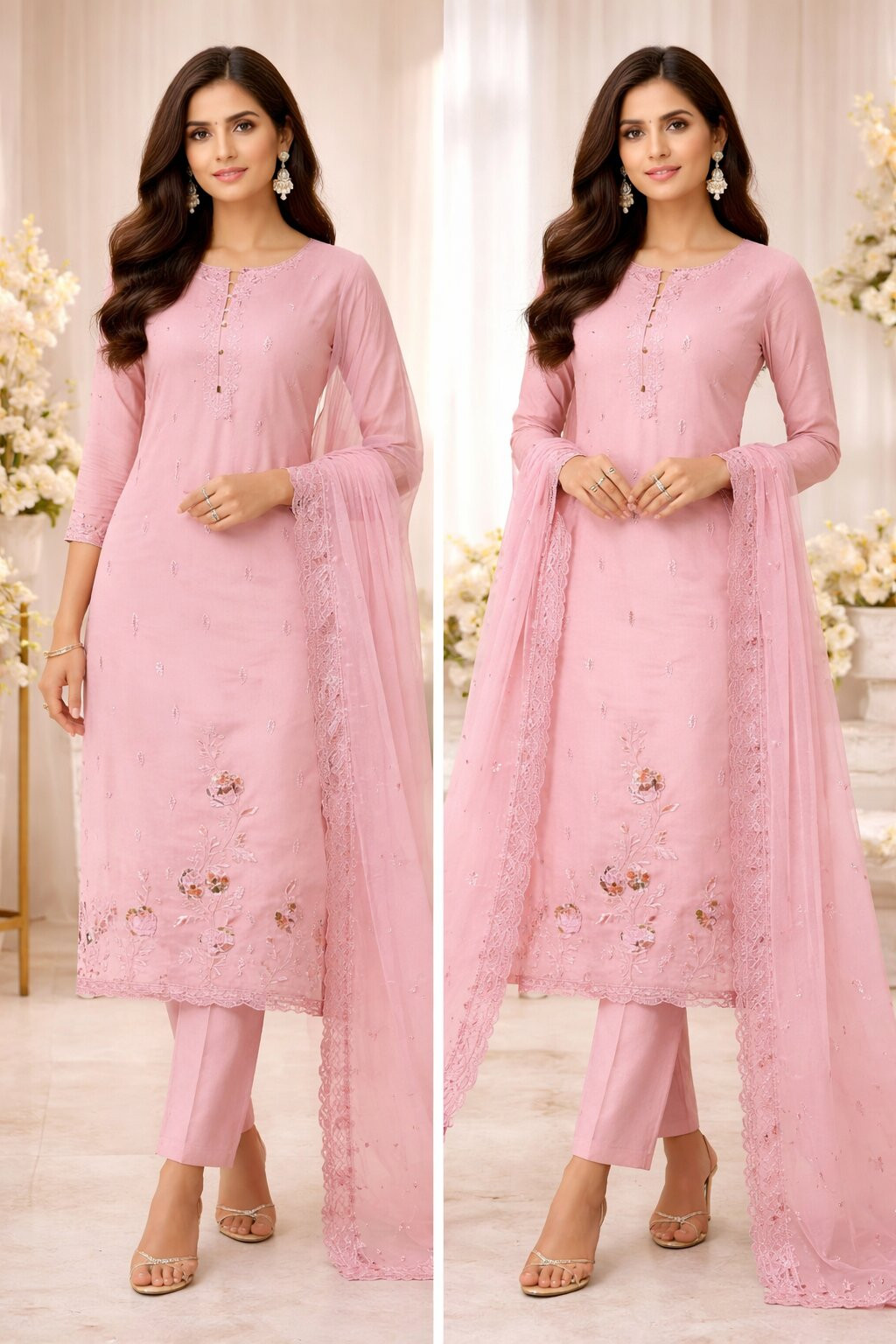 Pink Cotton linen Beautiful Suit Set with Dupatta - 1020-5677A