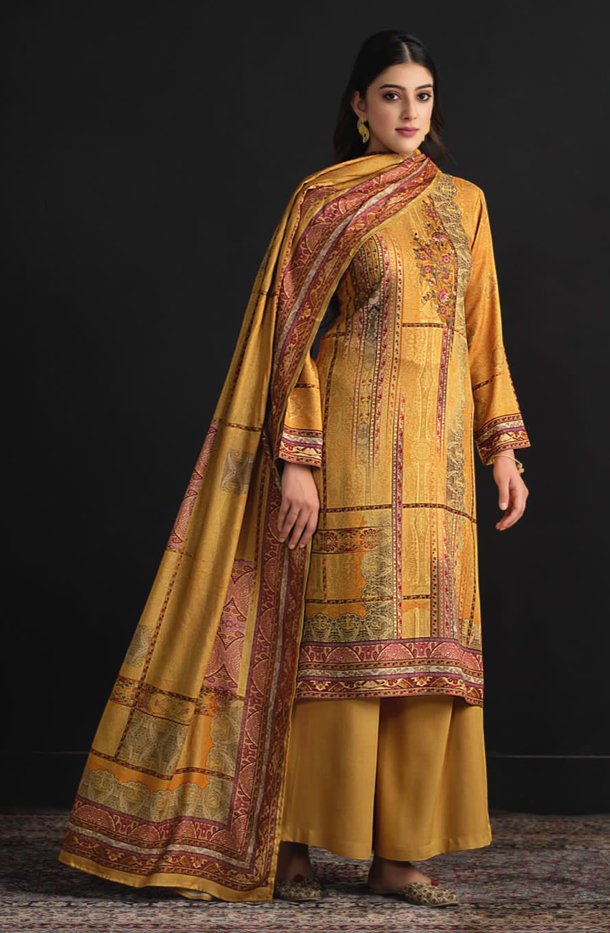 Mustard Pashmina Digital Printed Unstitched Salwar Kameez - INA71