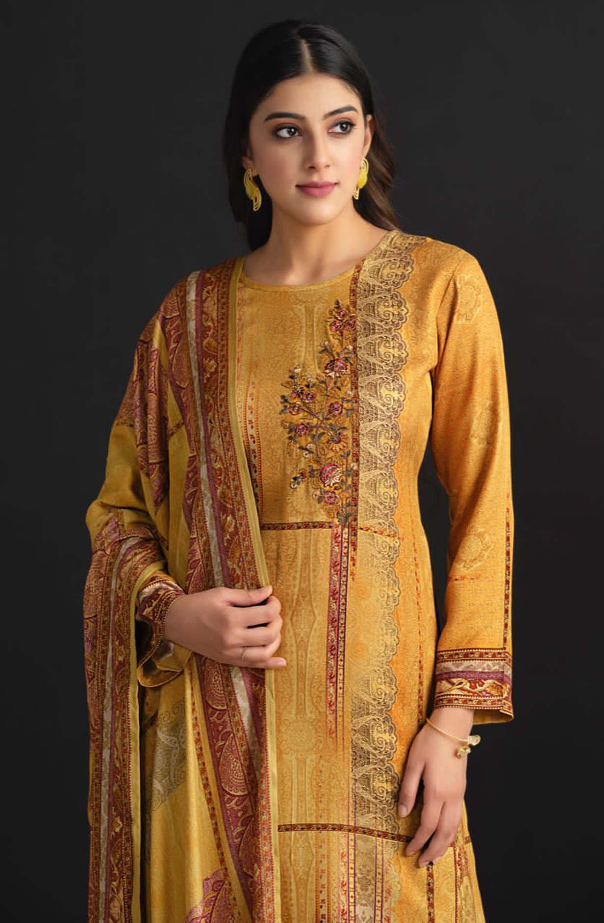 Mustard Pashmina Digital Printed Unstitched Salwar Kameez - INA71