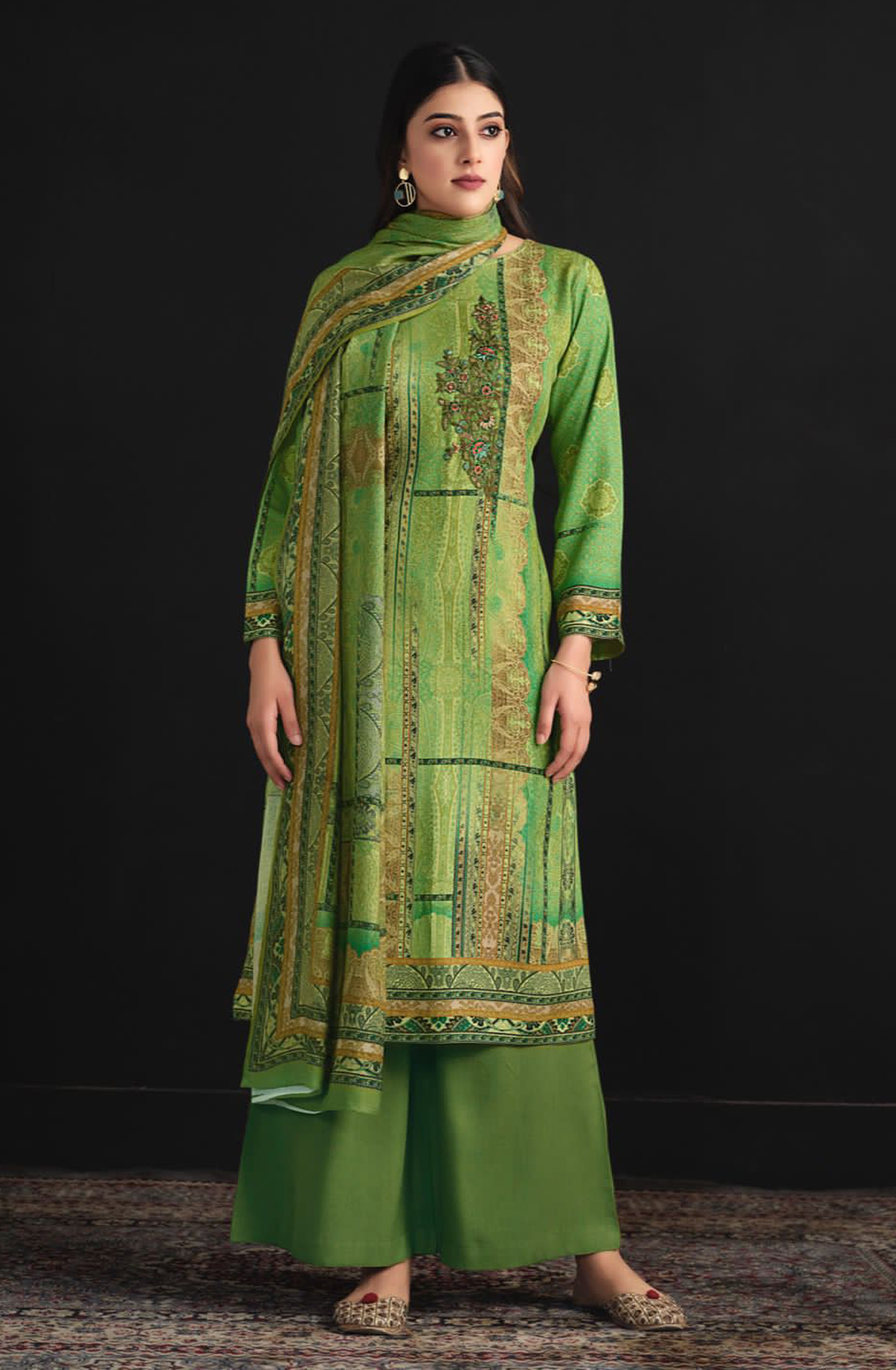 Green Pashmina Digital Printed Unstitched Salwar Kameez - INA73