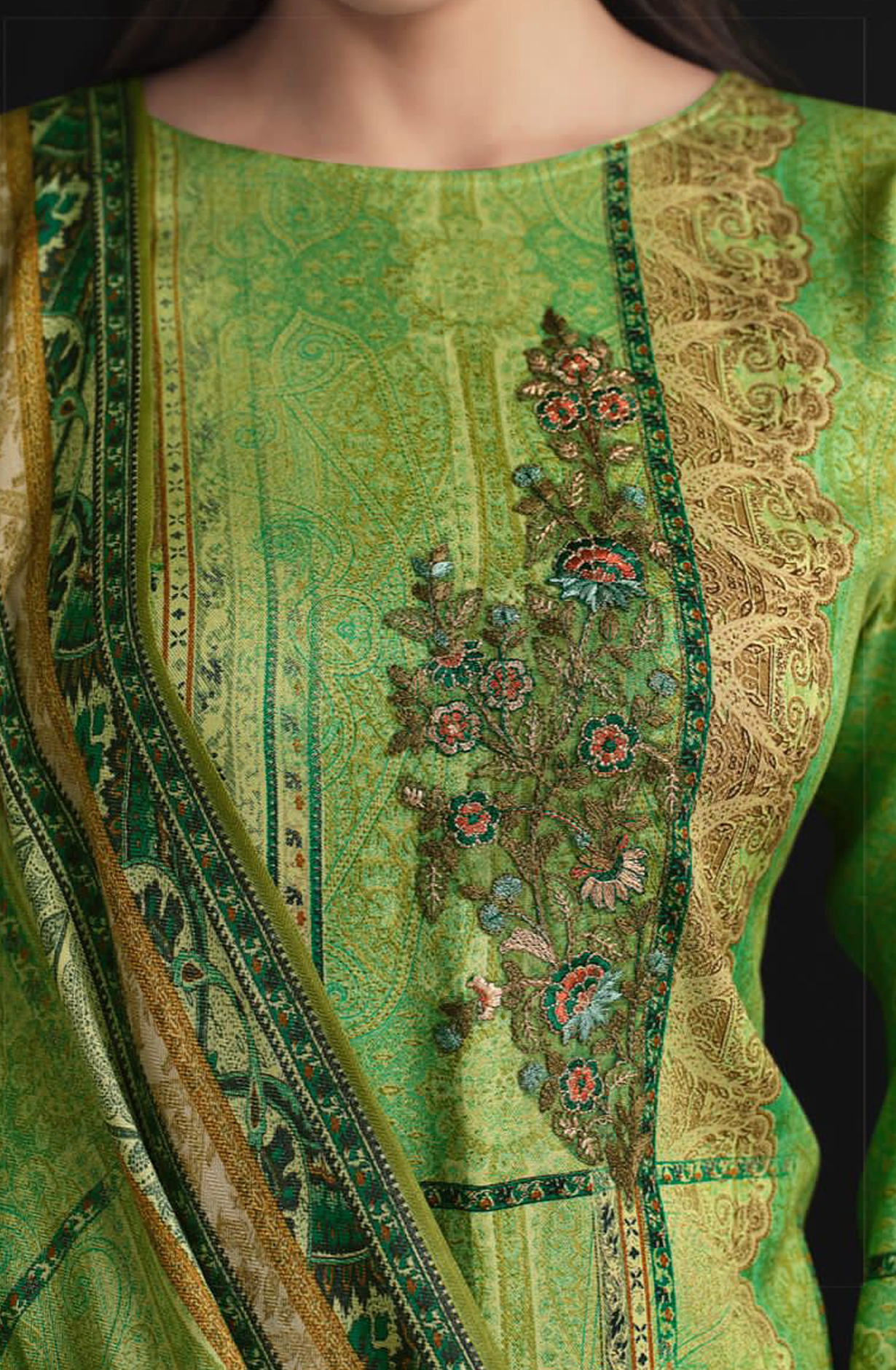 Green Pashmina Digital Printed Unstitched Salwar Kameez - INA73