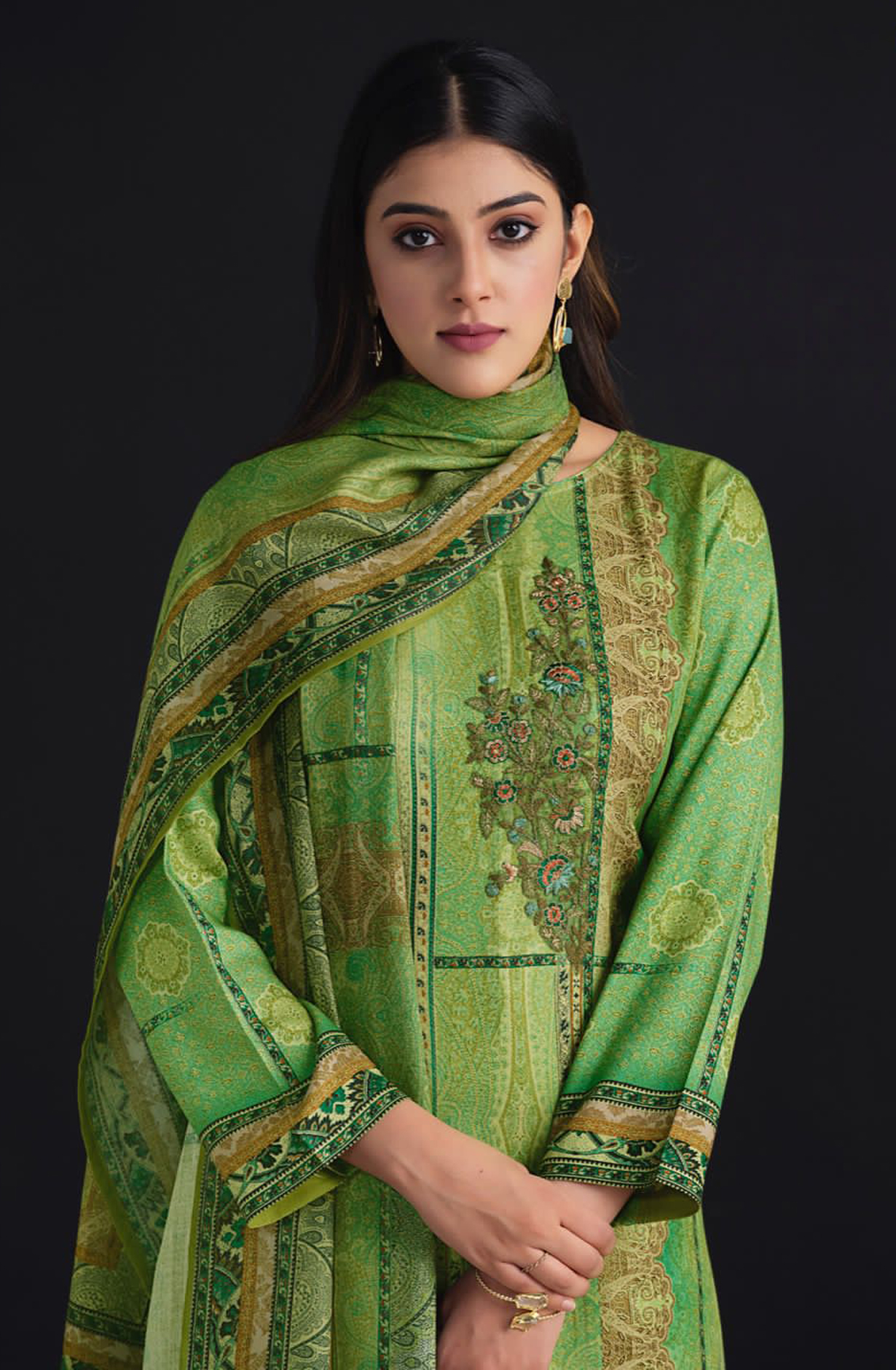 Green Pashmina Digital Printed Unstitched Salwar Kameez - INA73