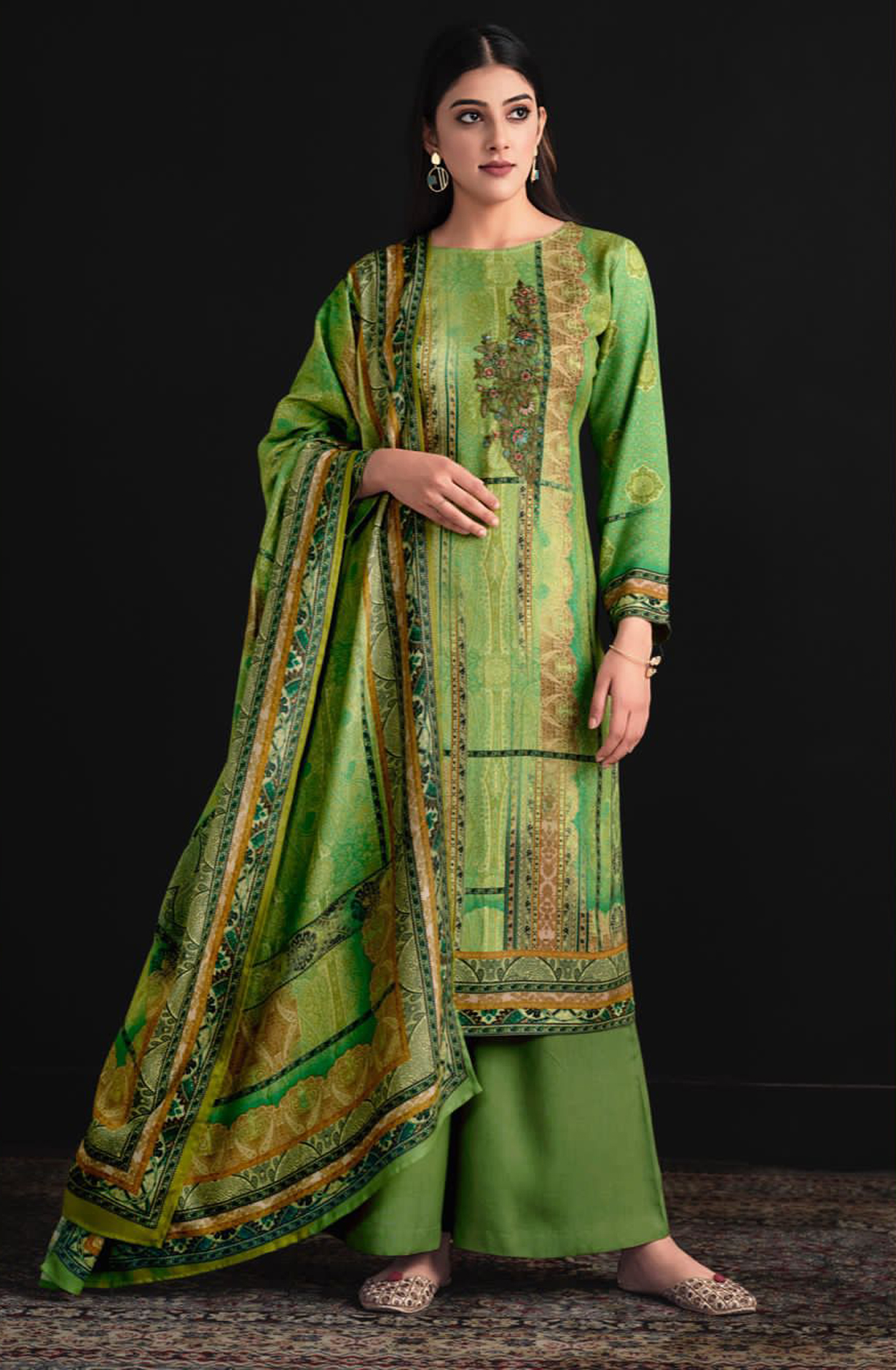 Green Pashmina Digital Printed Unstitched Salwar Kameez - INA73