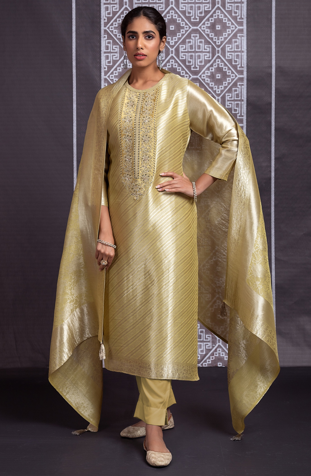 Mehandi Pure Silk Jacquard with Embroidery Suit Set - IND2281A