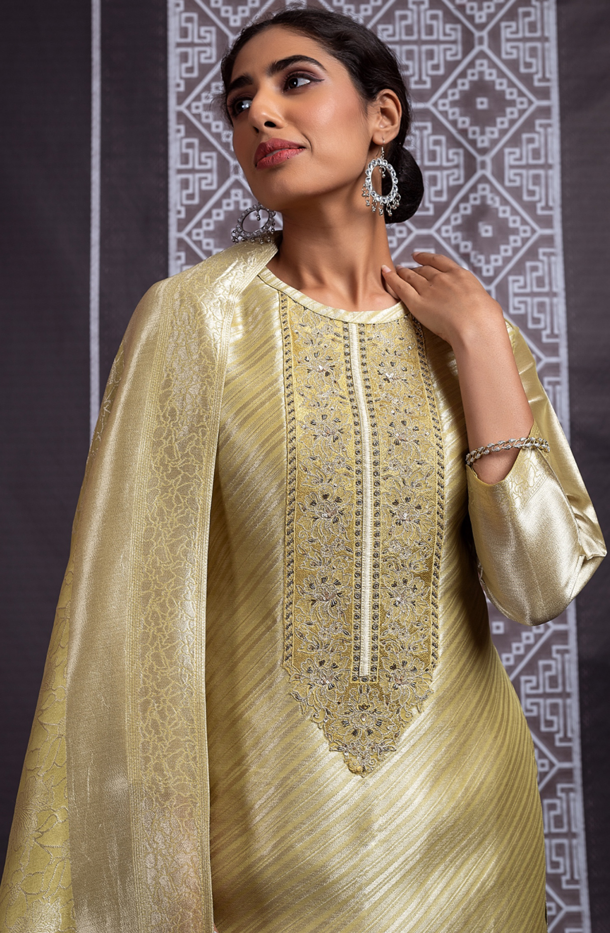 Mehandi Pure Silk Jacquard with Embroidery Suit Set - IND2281A