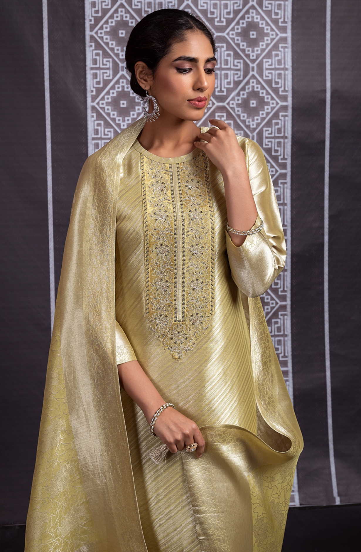 Mehandi Pure Silk Jacquard with Embroidery Suit Set - IND2281A