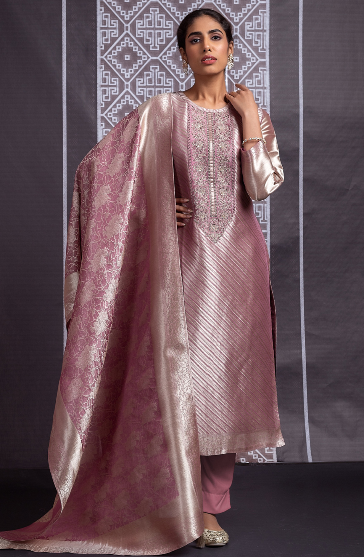 Pink Pure Silk Jacquard with Embroidery Suit Set - IND2281B