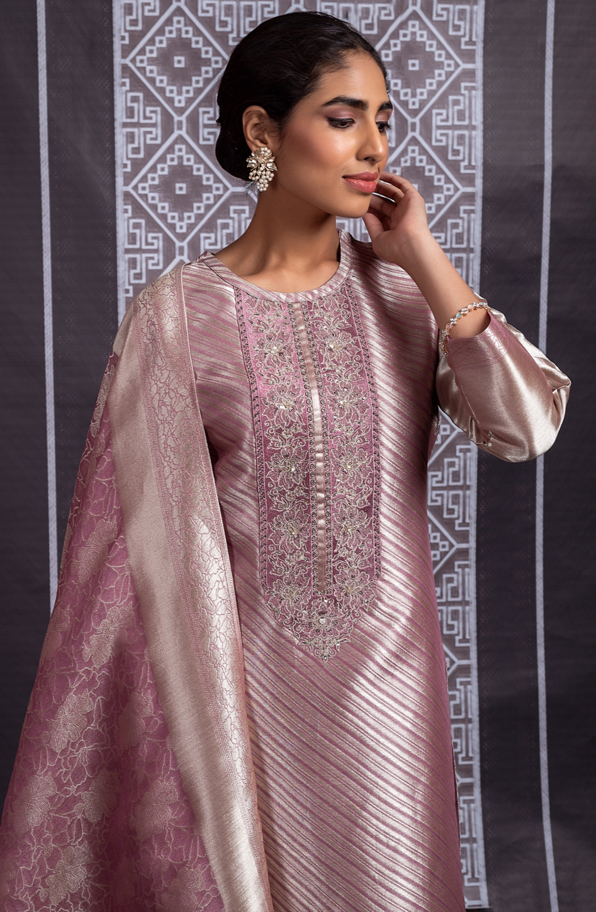 Pink Pure Silk Jacquard with Embroidery Suit Set - IND2281B
