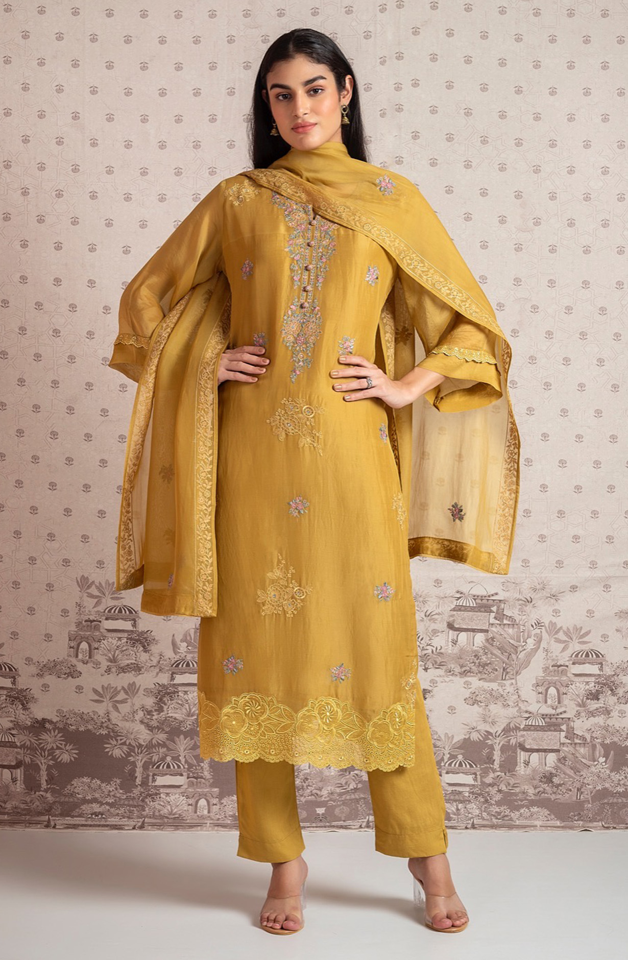Mustard Yellow Organza Festive Wear Unstitched Salwar Suit - INJ1979A