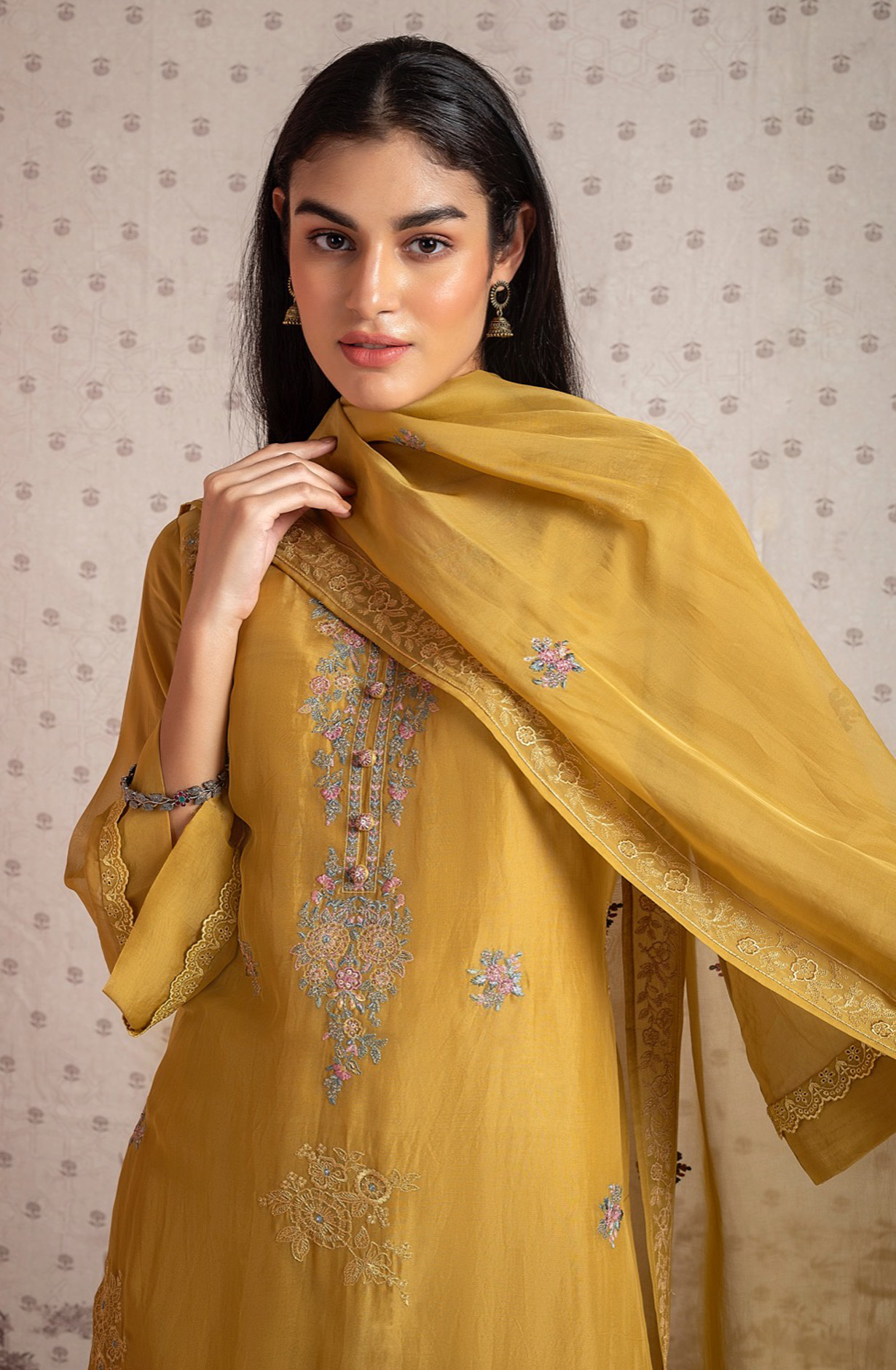 Mustard Yellow Organza Festive Wear Unstitched Salwar Suit - INJ1979A