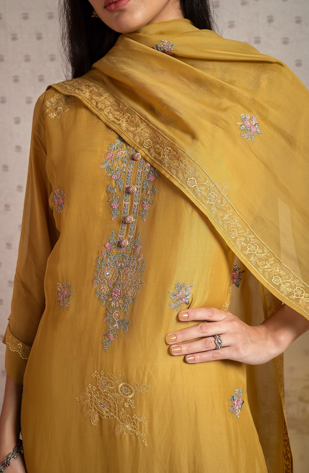 Mustard Yellow Organza Festive Wear Unstitched Salwar Suit - INJ1979A