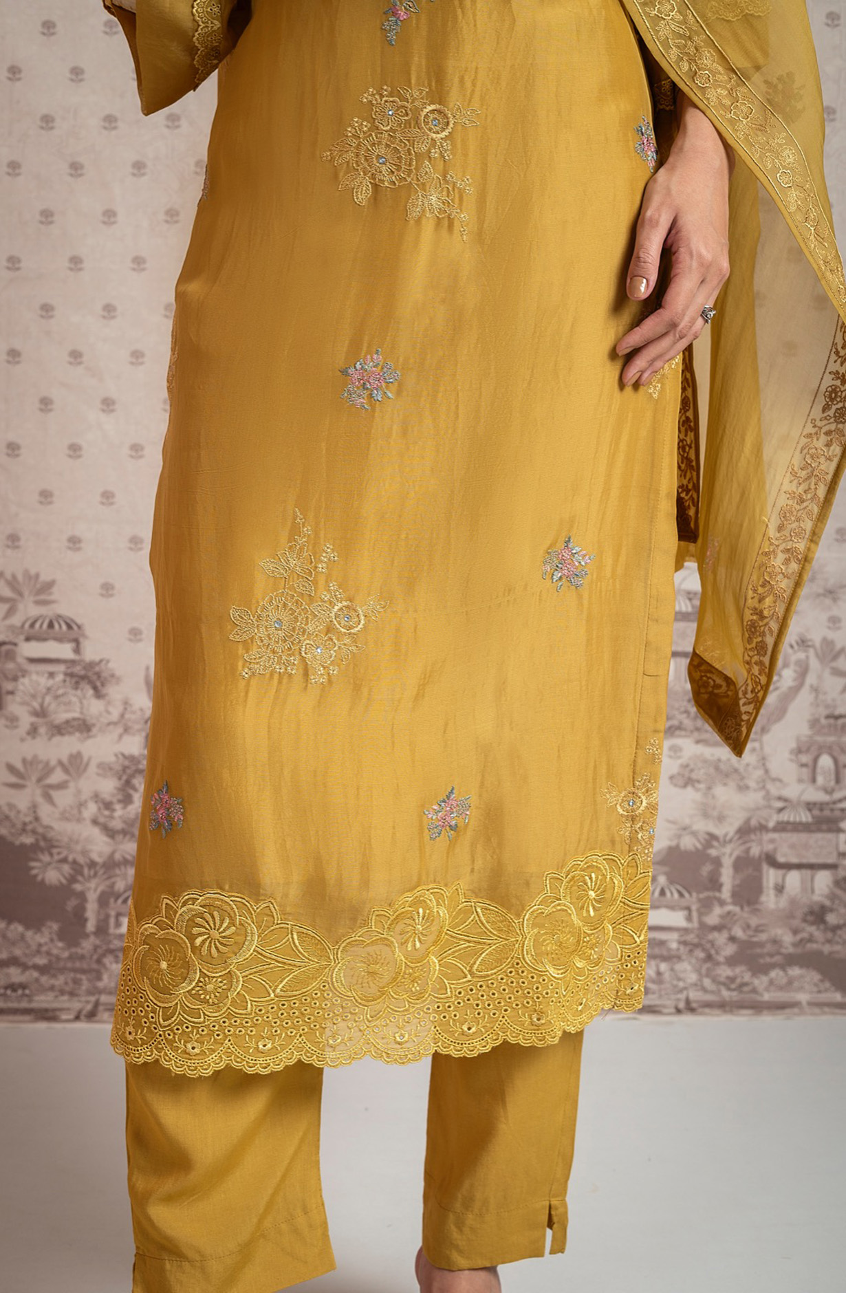 Mustard Yellow Organza Festive Wear Unstitched Salwar Suit - INJ1979A
