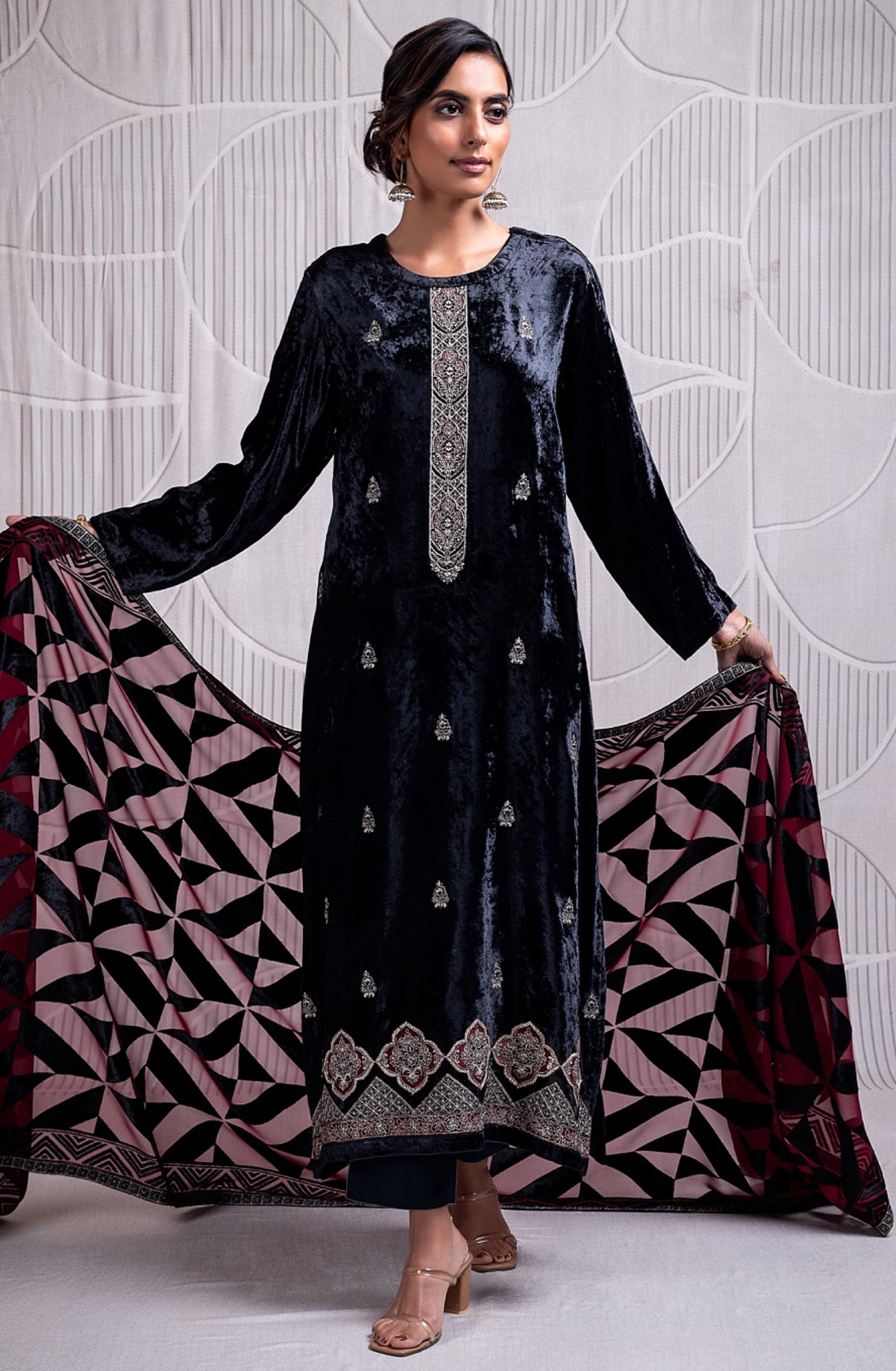 Black Pure Velvet Suit with Beautiful Velvet Dupatta- INZ2334A