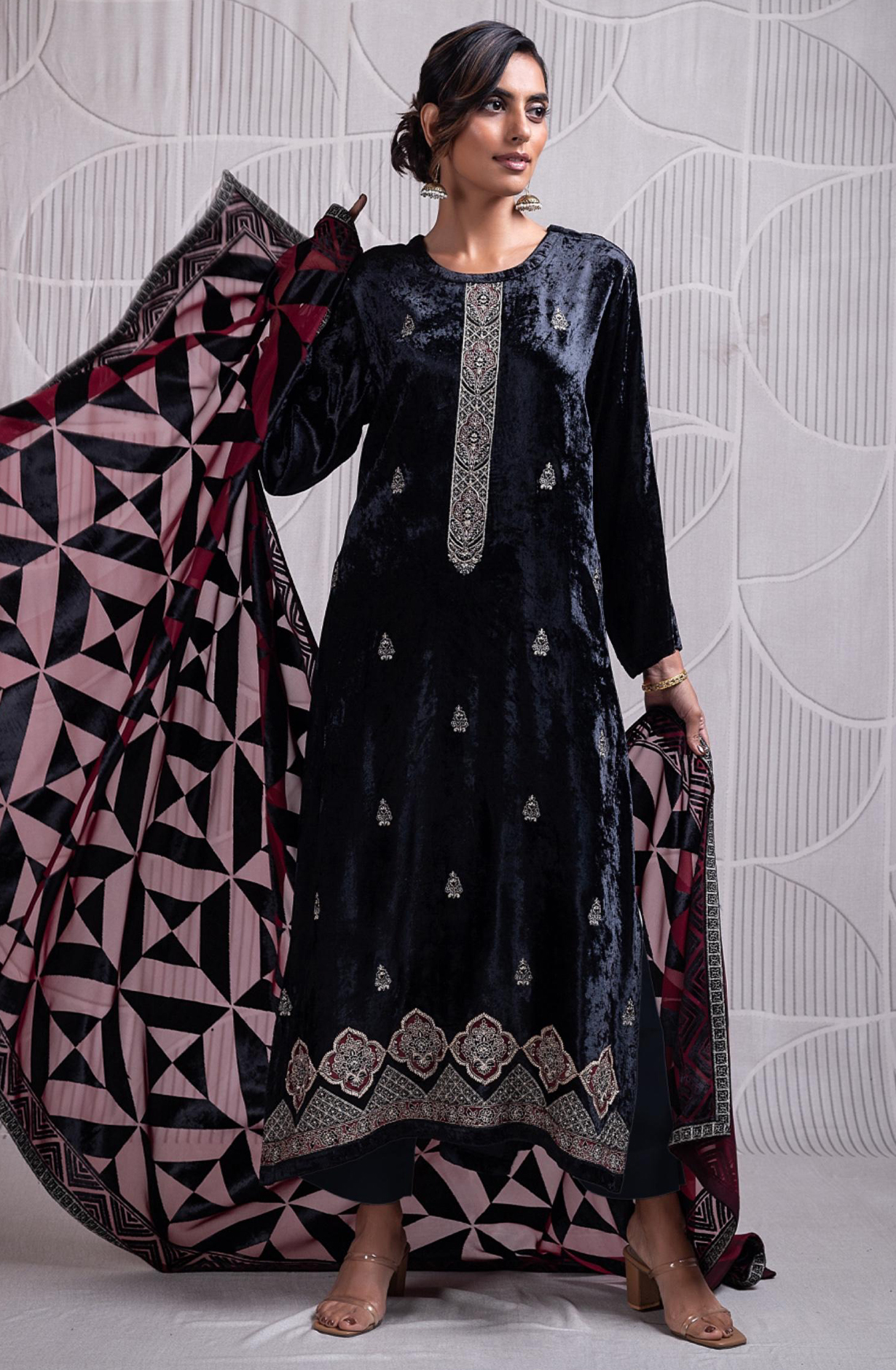 Black Pure Velvet Suit with Beautiful Velvet Dupatta- INZ2334A