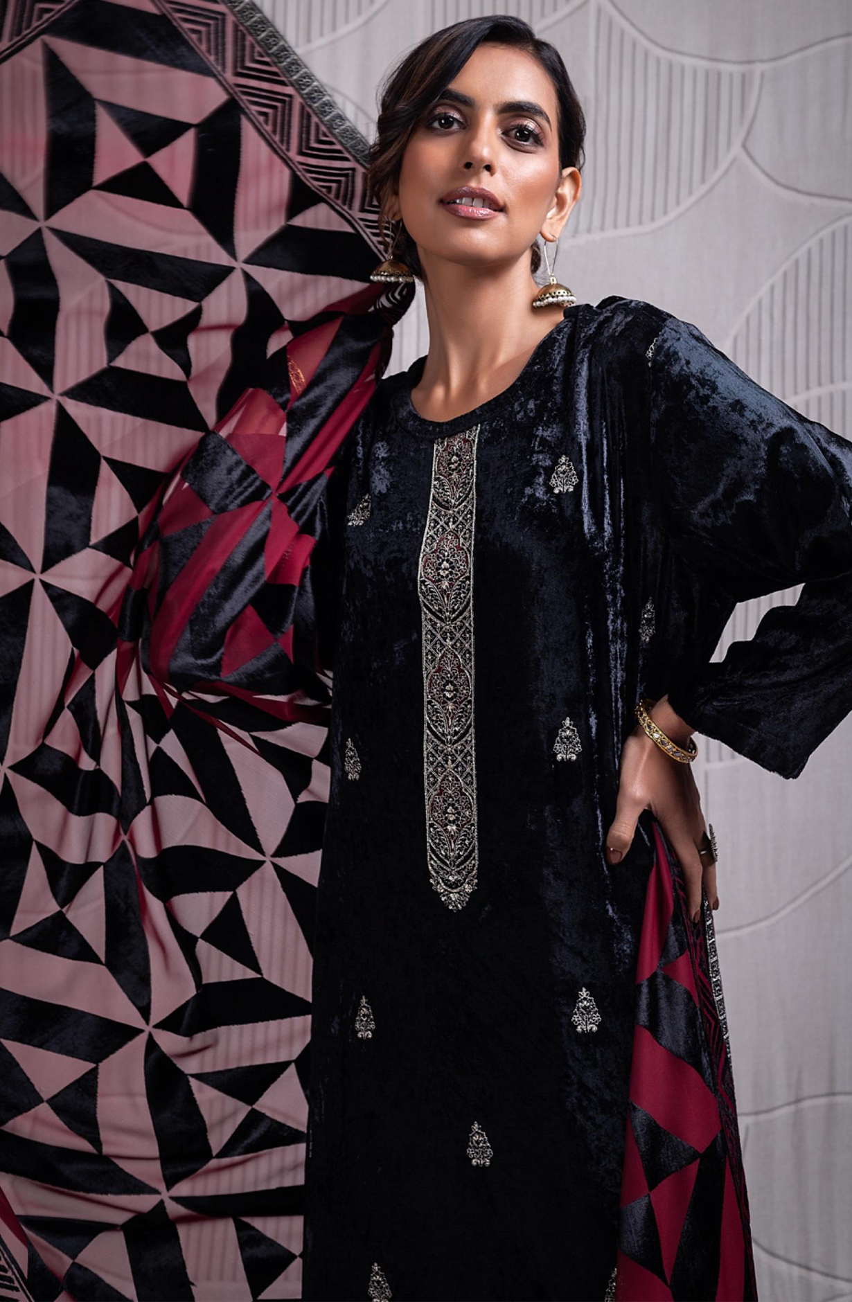 Black Pure Velvet Suit with Beautiful Velvet Dupatta- INZ2334A