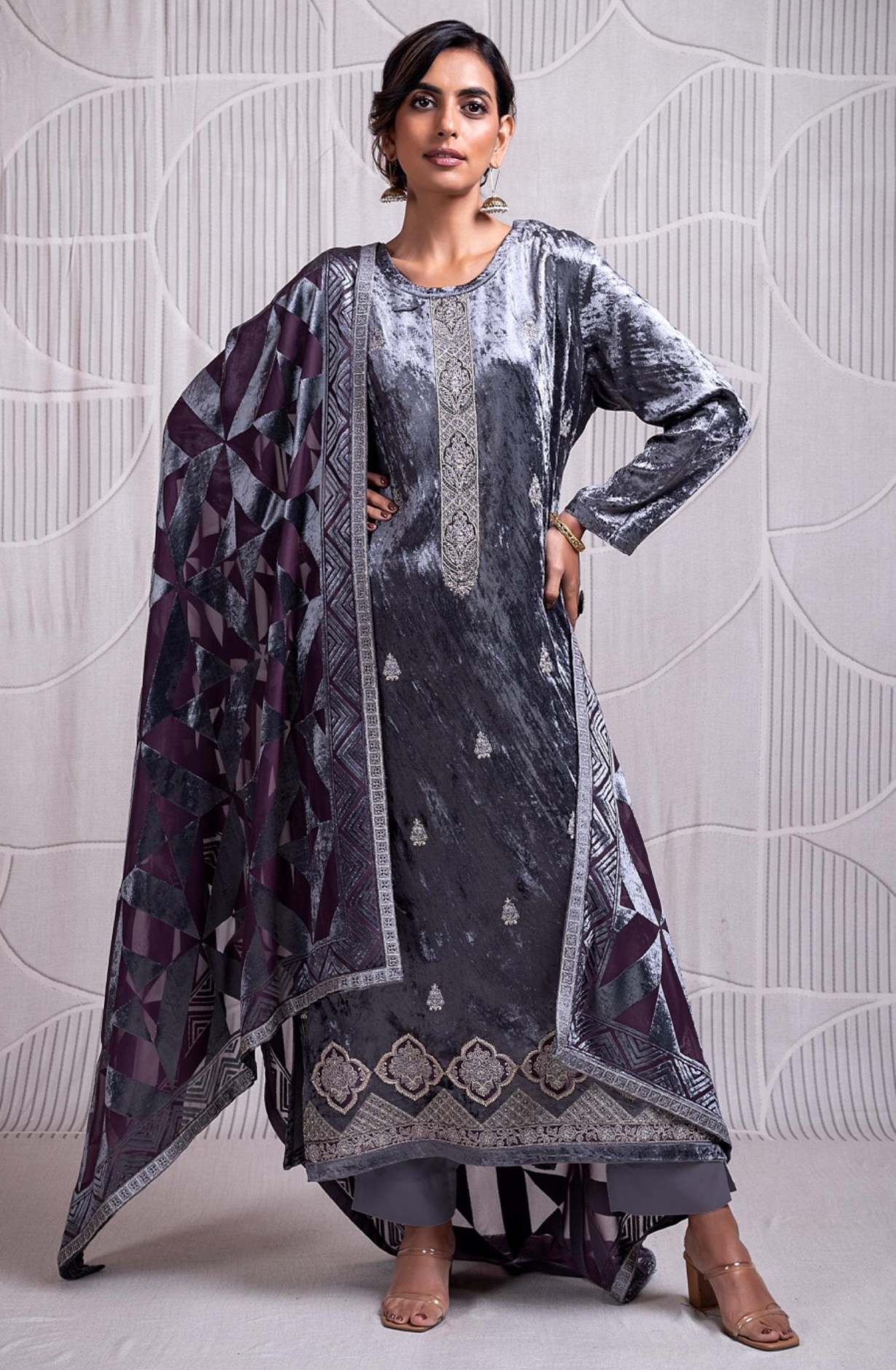 Grey Pure Velvet Suit with Beautiful Velvet Dupatta- INZ2334B