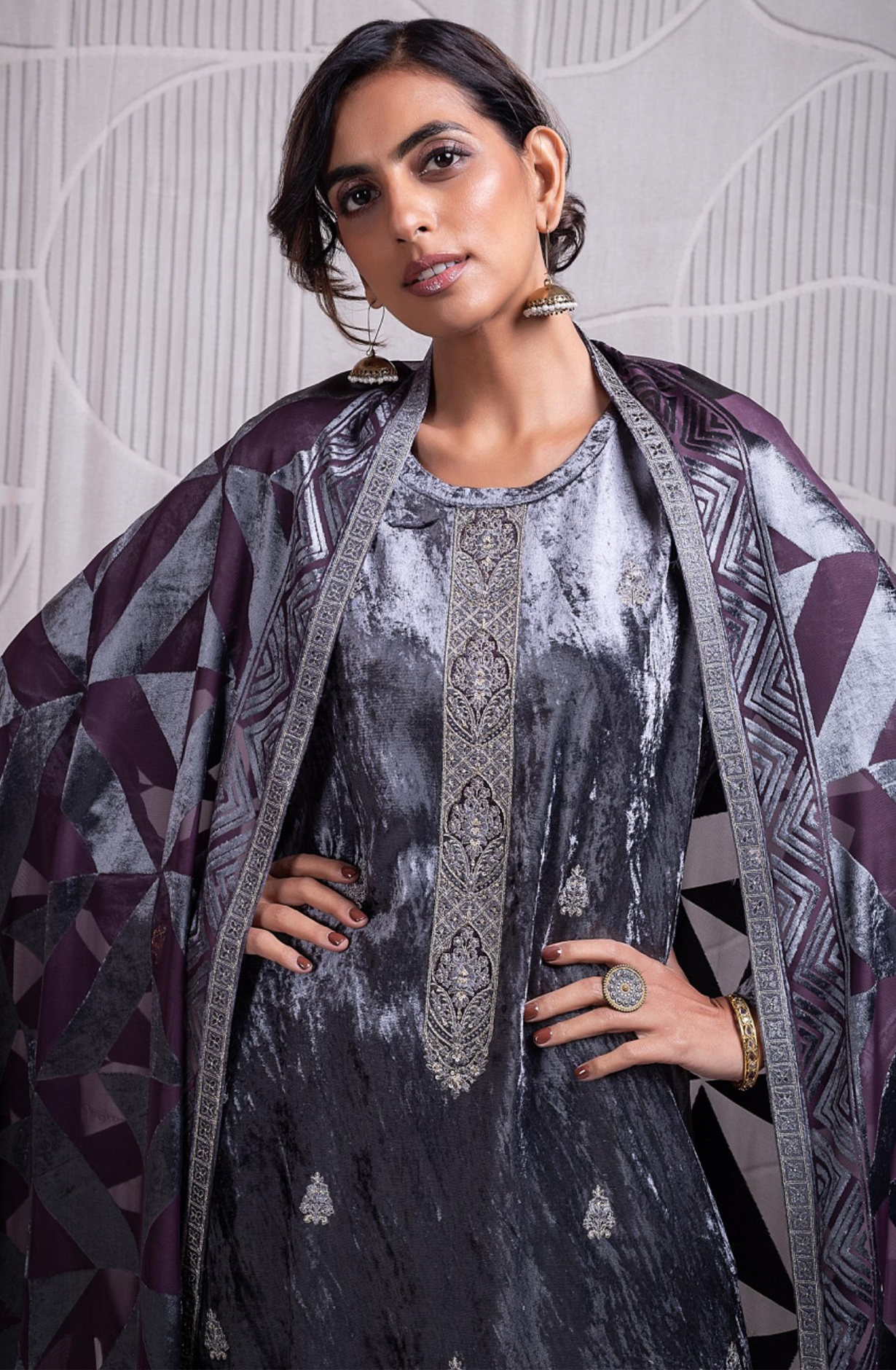 Grey Pure Velvet Suit with Beautiful Velvet Dupatta- INZ2334B