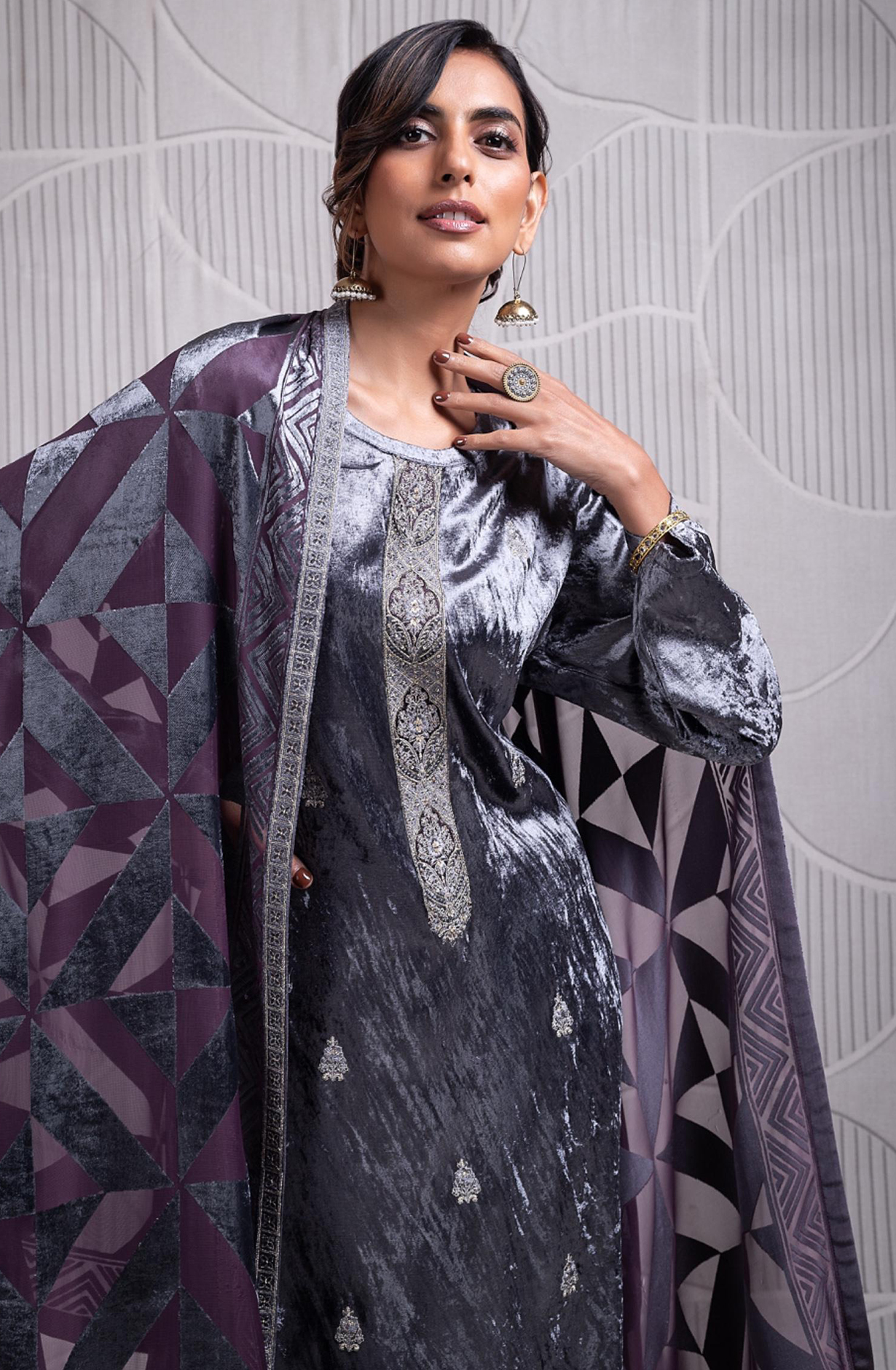 Grey Pure Velvet Suit with Beautiful Velvet Dupatta- INZ2334B