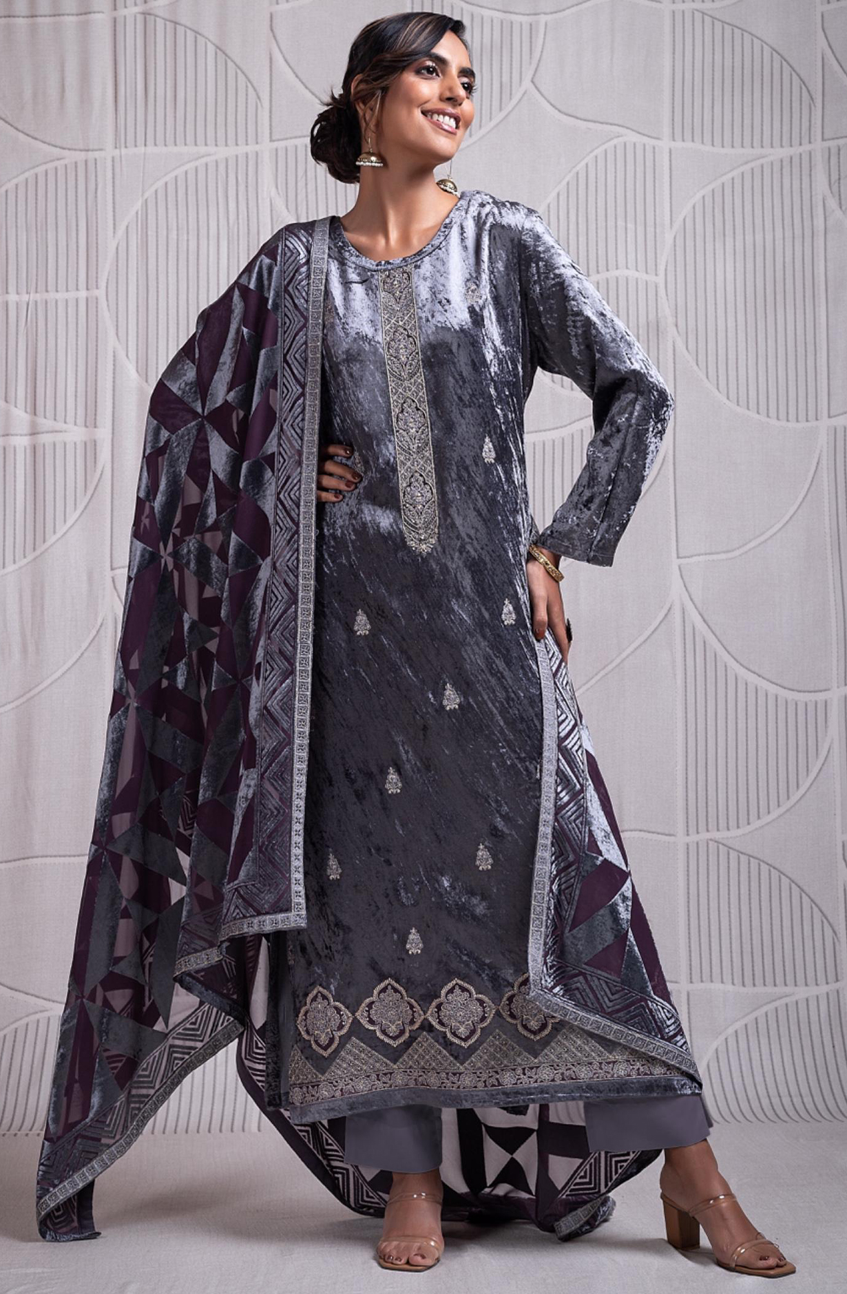Grey Pure Velvet Suit with Beautiful Velvet Dupatta- INZ2334B