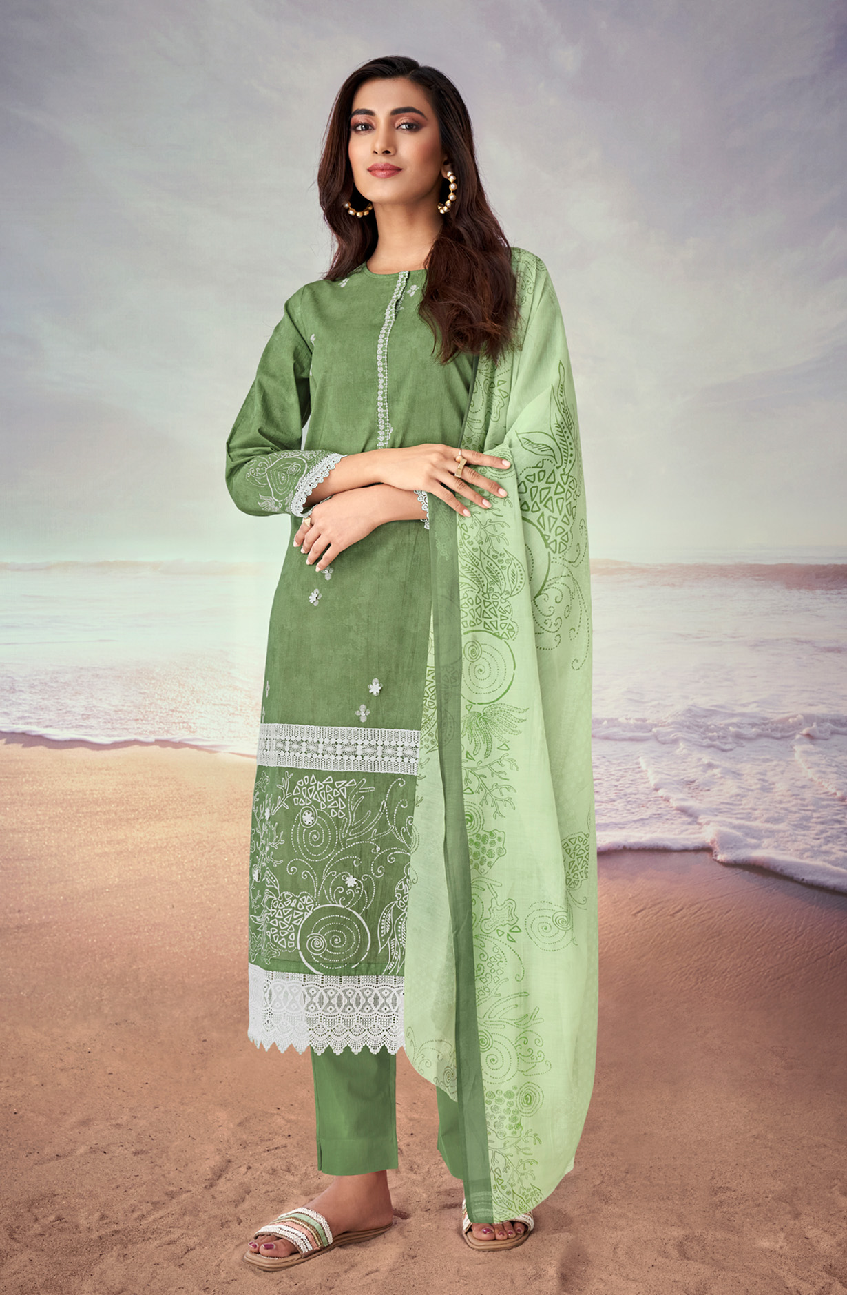 Green Cotton Lace Work Printed Salwar Suit - IQR532