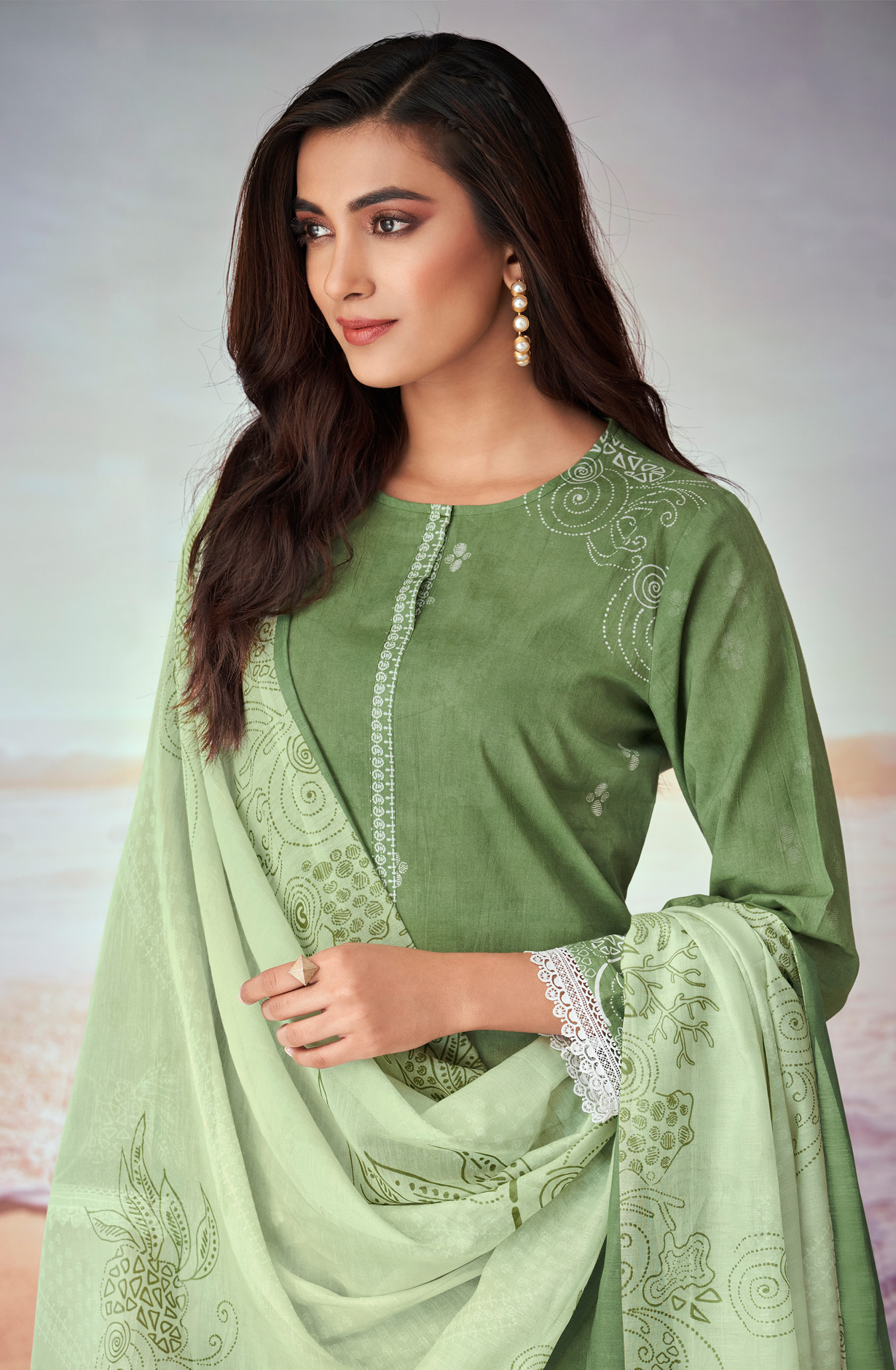 Green Cotton Lace Work Printed Salwar Suit - IQR532