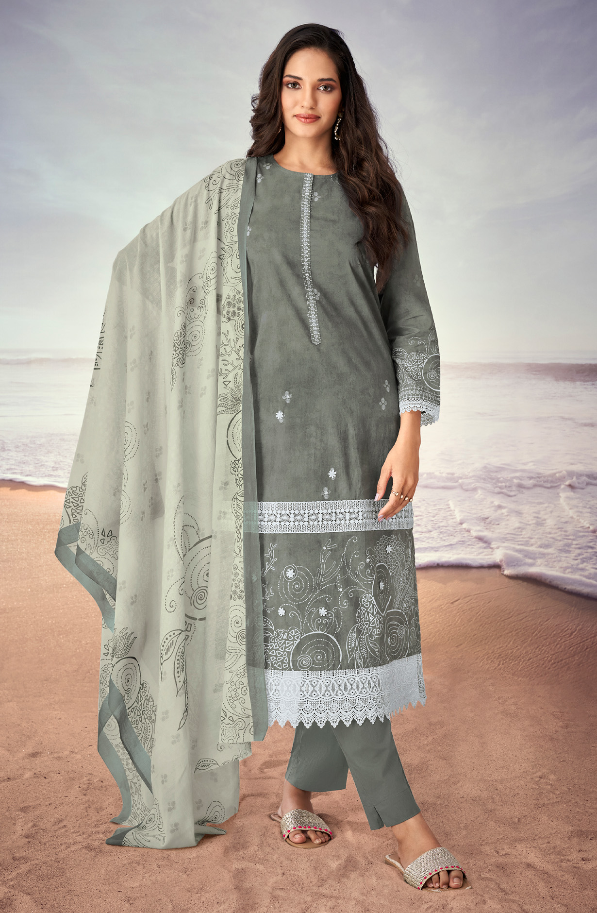 Olive Green Cotton Lace Work Printed Salwar Suit - IQR543