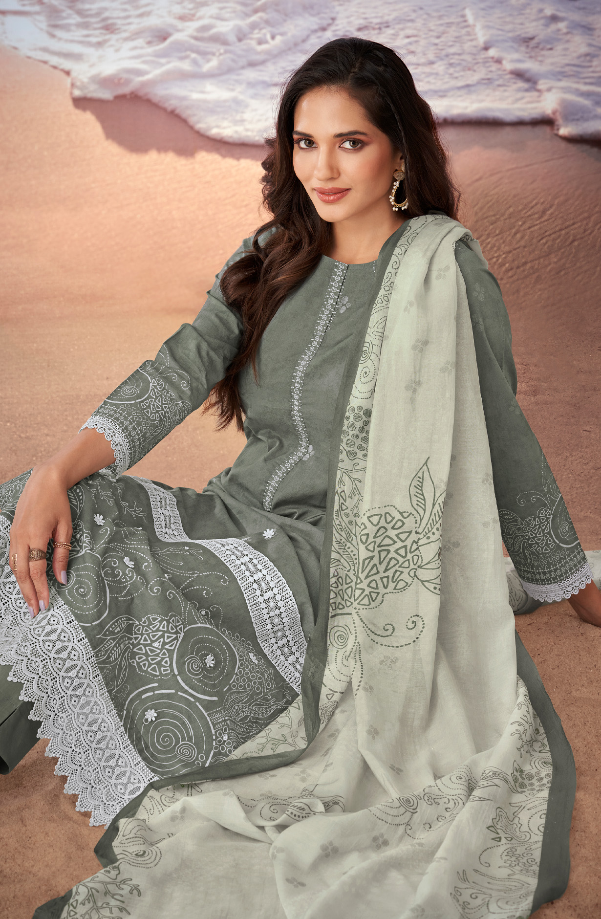 Olive Green Cotton Lace Work Printed Salwar Suit - IQR543