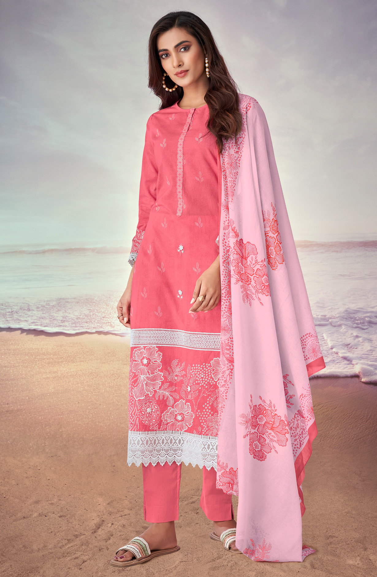 Pink Cotton Lace Work Printed Salwar Suit - IQR545