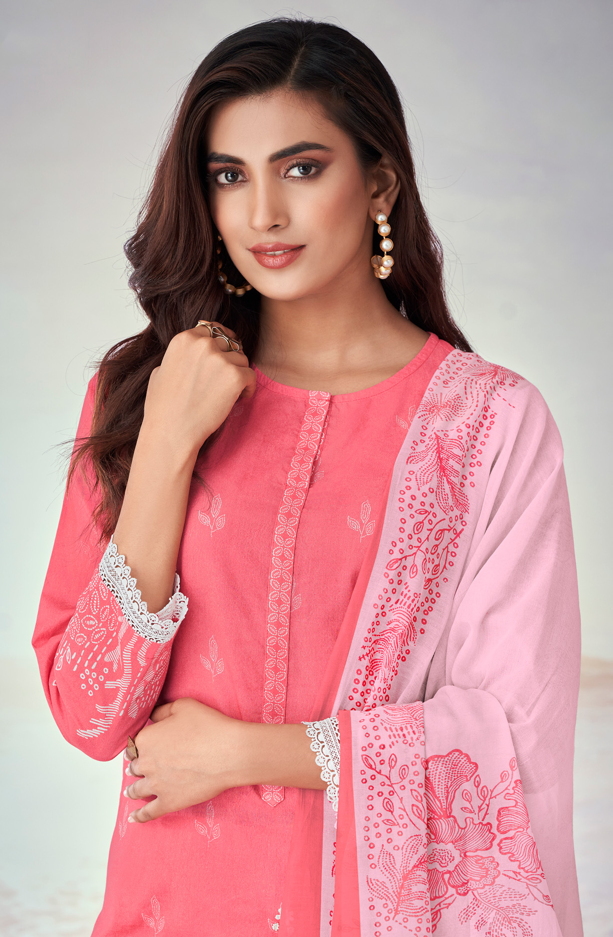Pink Cotton Lace Work Printed Salwar Suit - IQR545