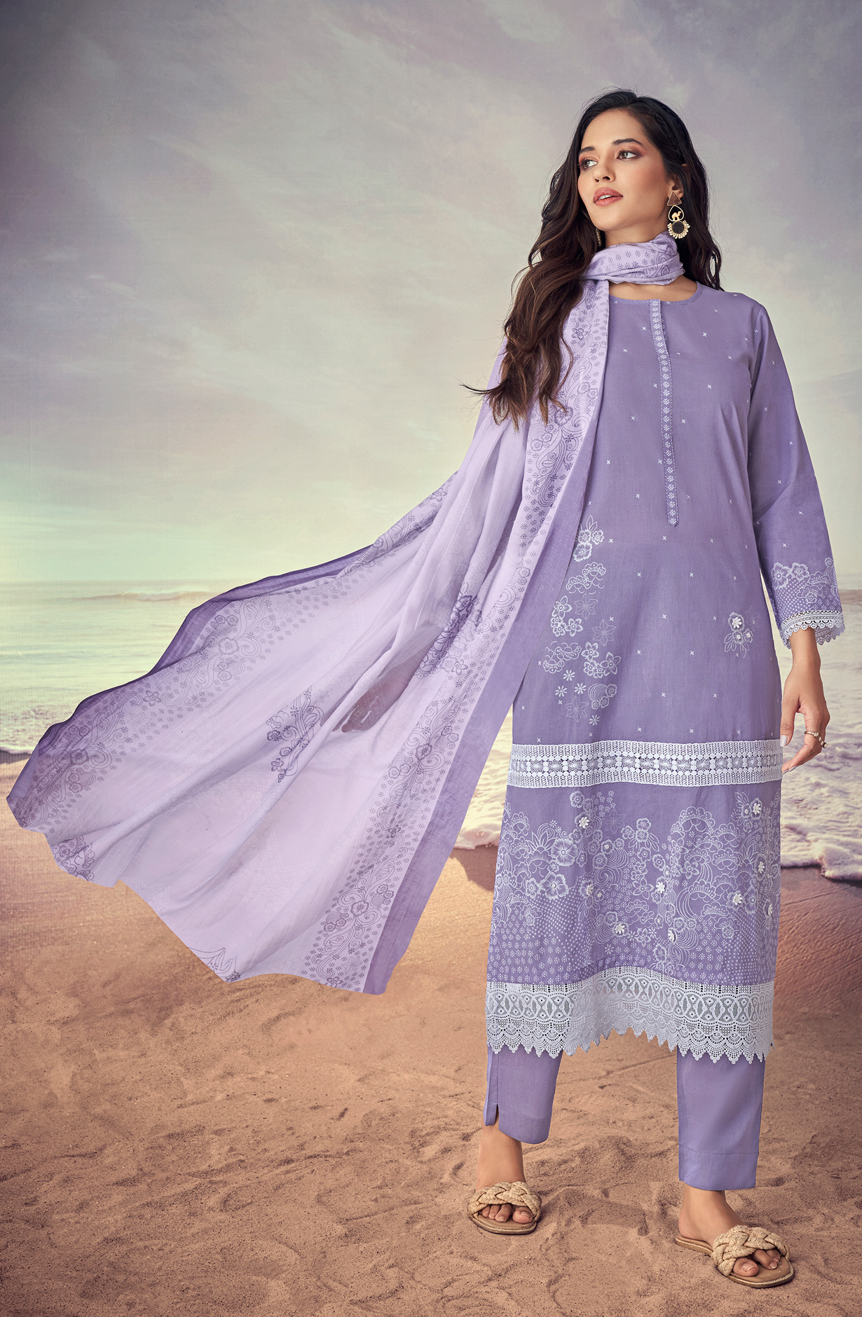 Purple Cotton Lace Work Printed Salwar Suit - IQR560