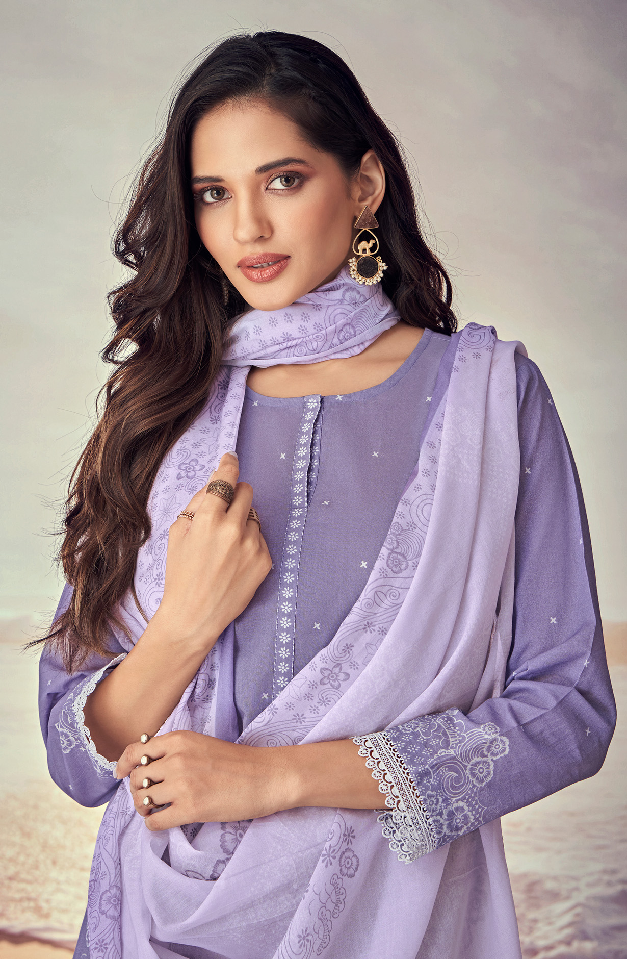 Purple Cotton Lace Work Printed Salwar Suit - IQR560