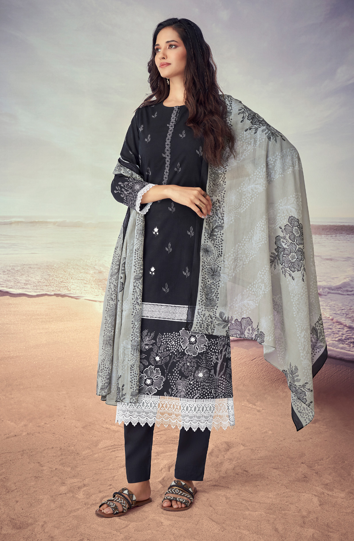 Black Cotton Lace Work Printed Salwar Suit - IQR571