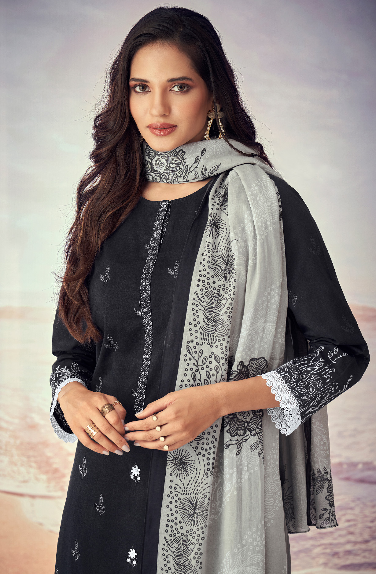 Black Cotton Lace Work Printed Salwar Suit - IQR571