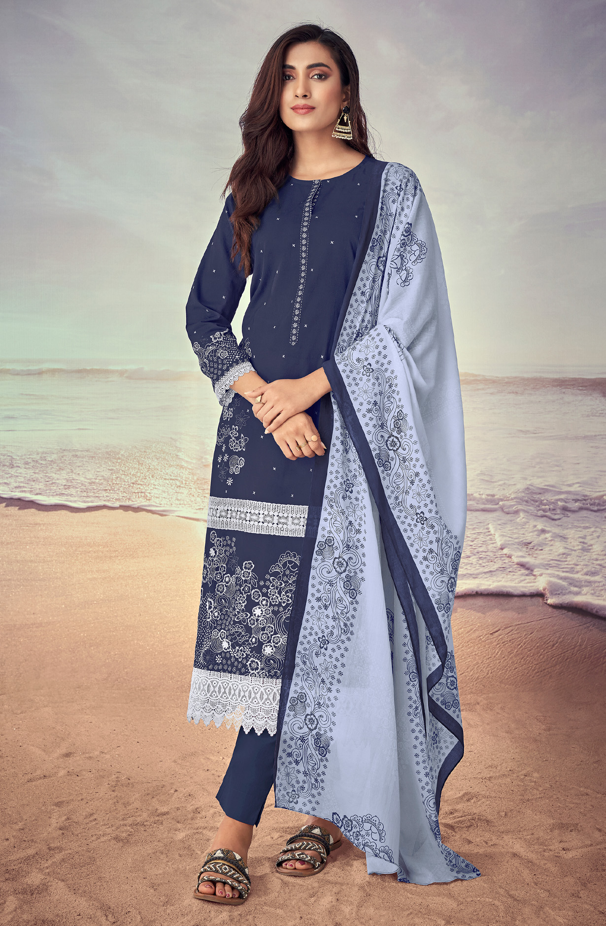 Blue Cotton Lace Work Printed Salwar Suit - IQR575