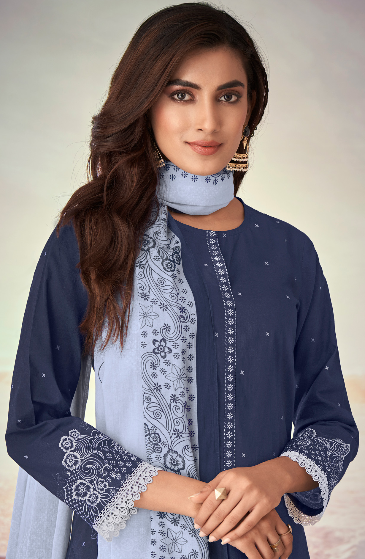 Blue Cotton Lace Work Printed Salwar Suit - IQR575