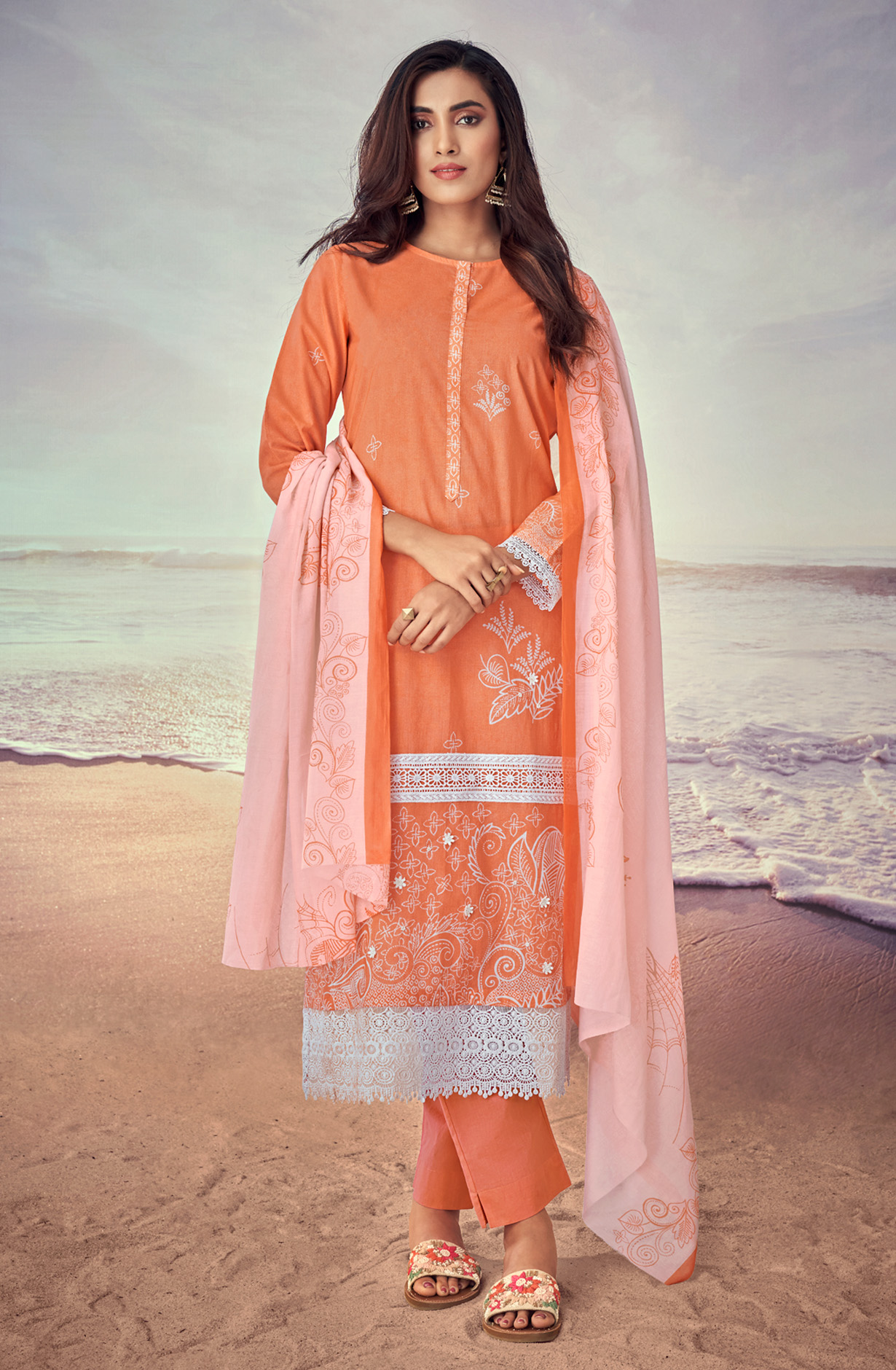 Orange Cotton Lace Work Printed Salwar Suit - IQR589