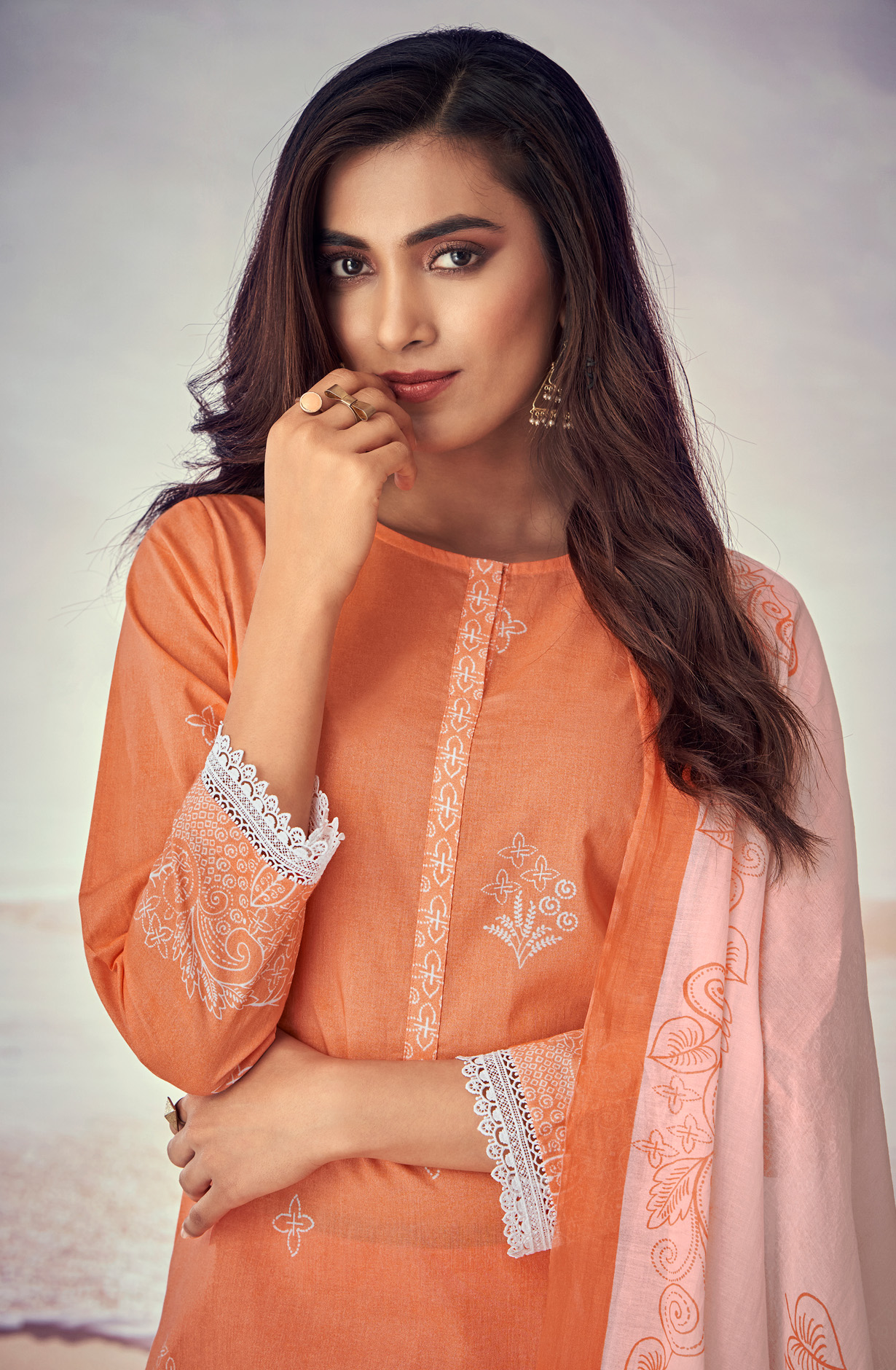 Orange Cotton Lace Work Printed Salwar Suit - IQR589