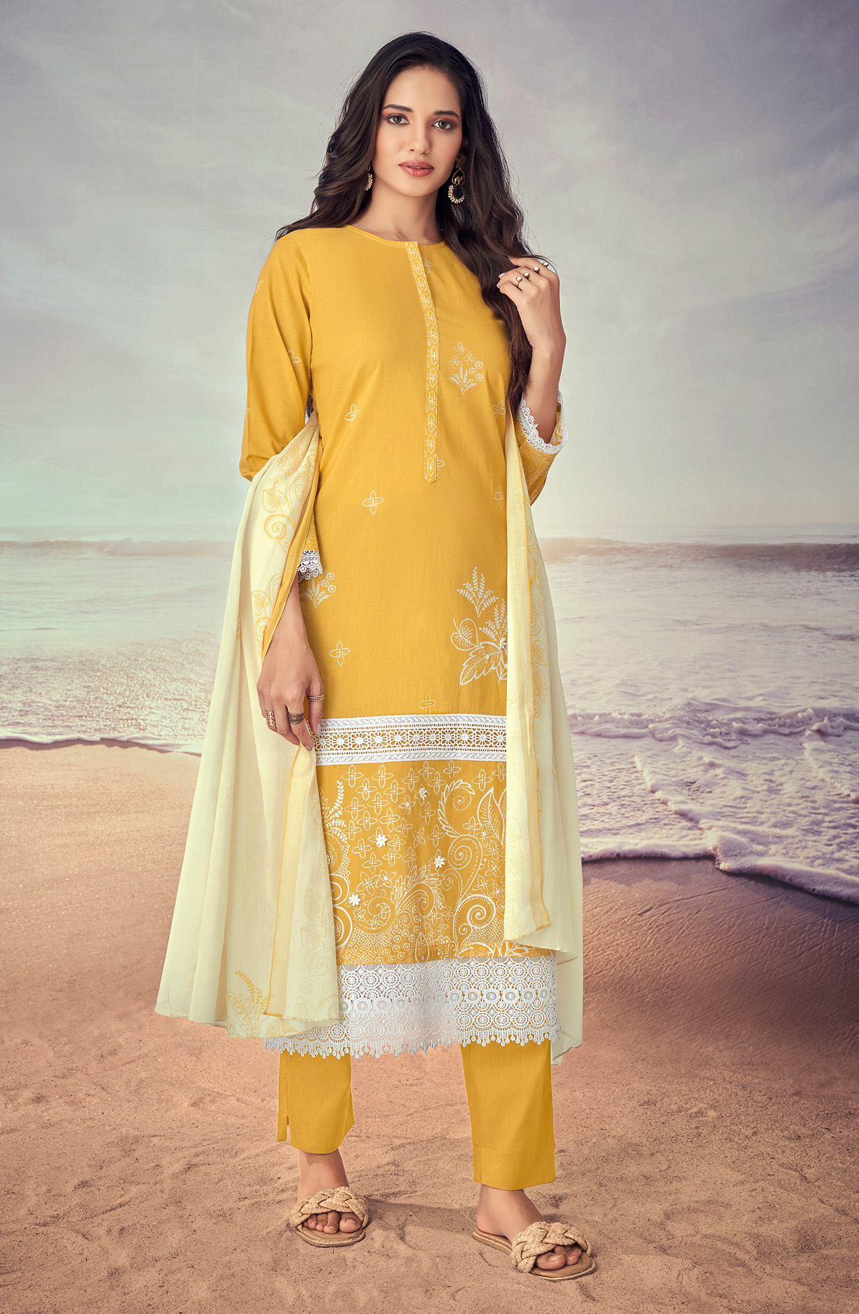 Mustard Cotton Lace Work Printed Salwar Suit - IQR596