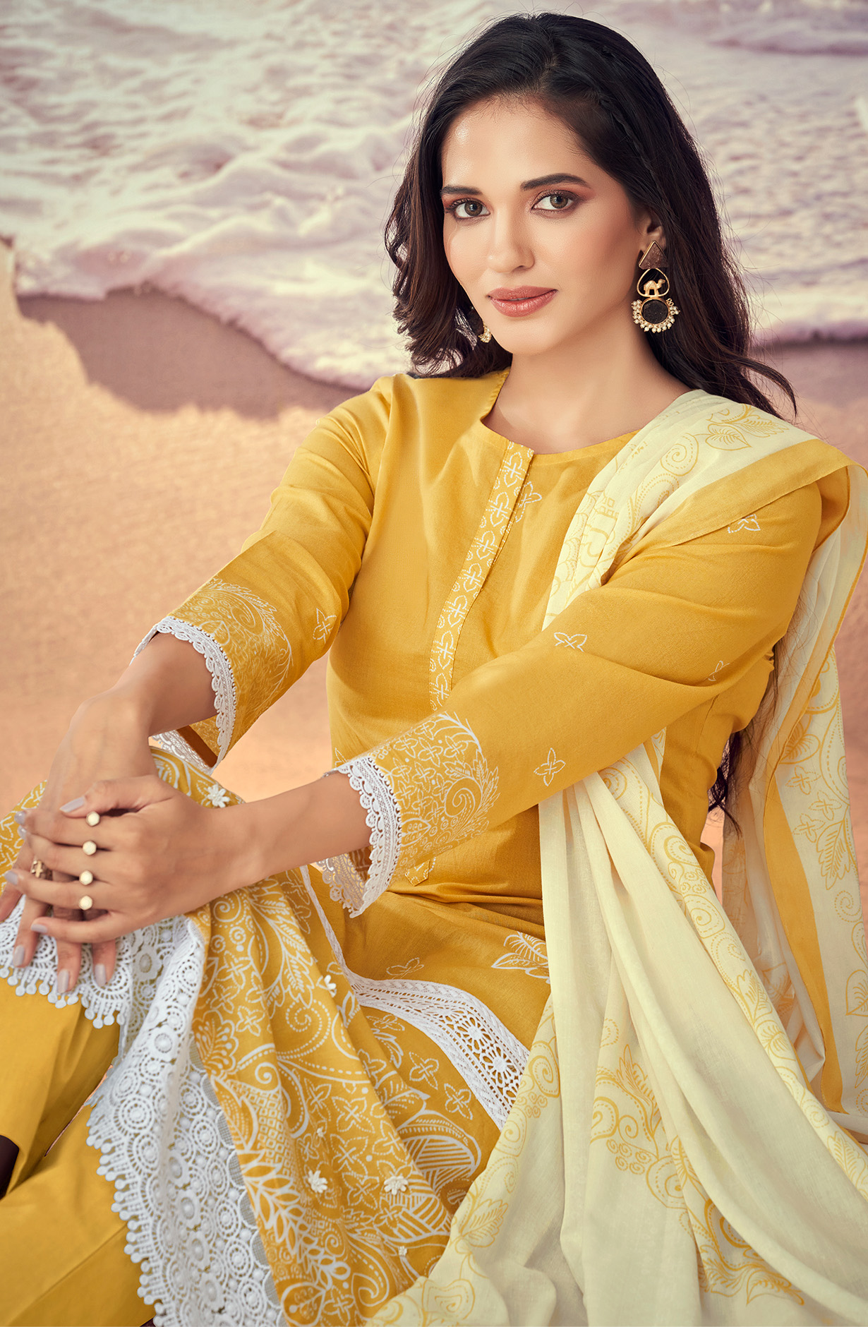 Mustard Cotton Lace Work Printed Salwar Suit - IQR596