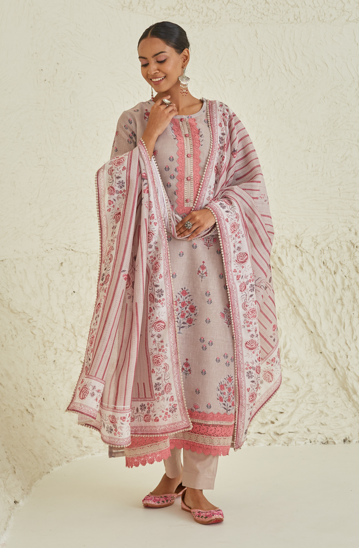 Beige Linen Unstitched Salwar Suit with Chiffon Dupatta - ISH1907B