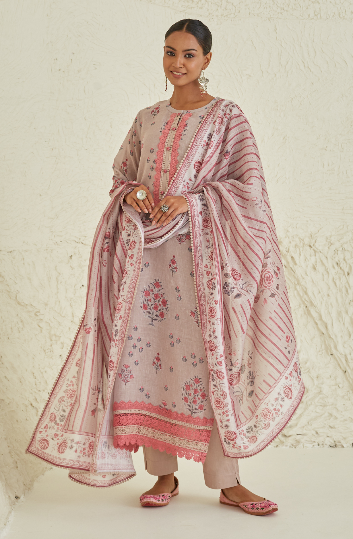 Beige Linen Unstitched Salwar Suit with Chiffon Dupatta - ISH1907B