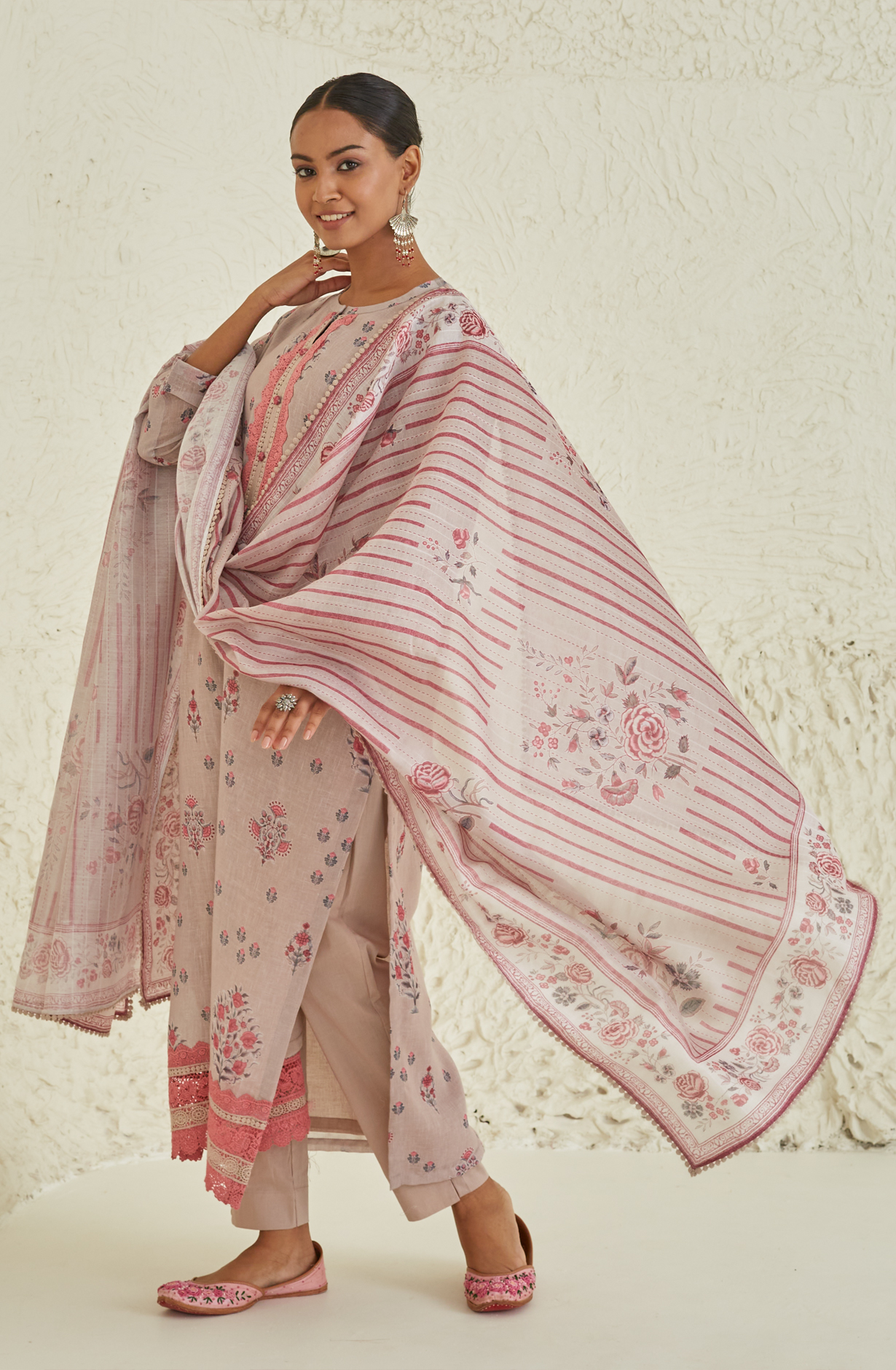 Beige Linen Unstitched Salwar Suit with Chiffon Dupatta - ISH1907B