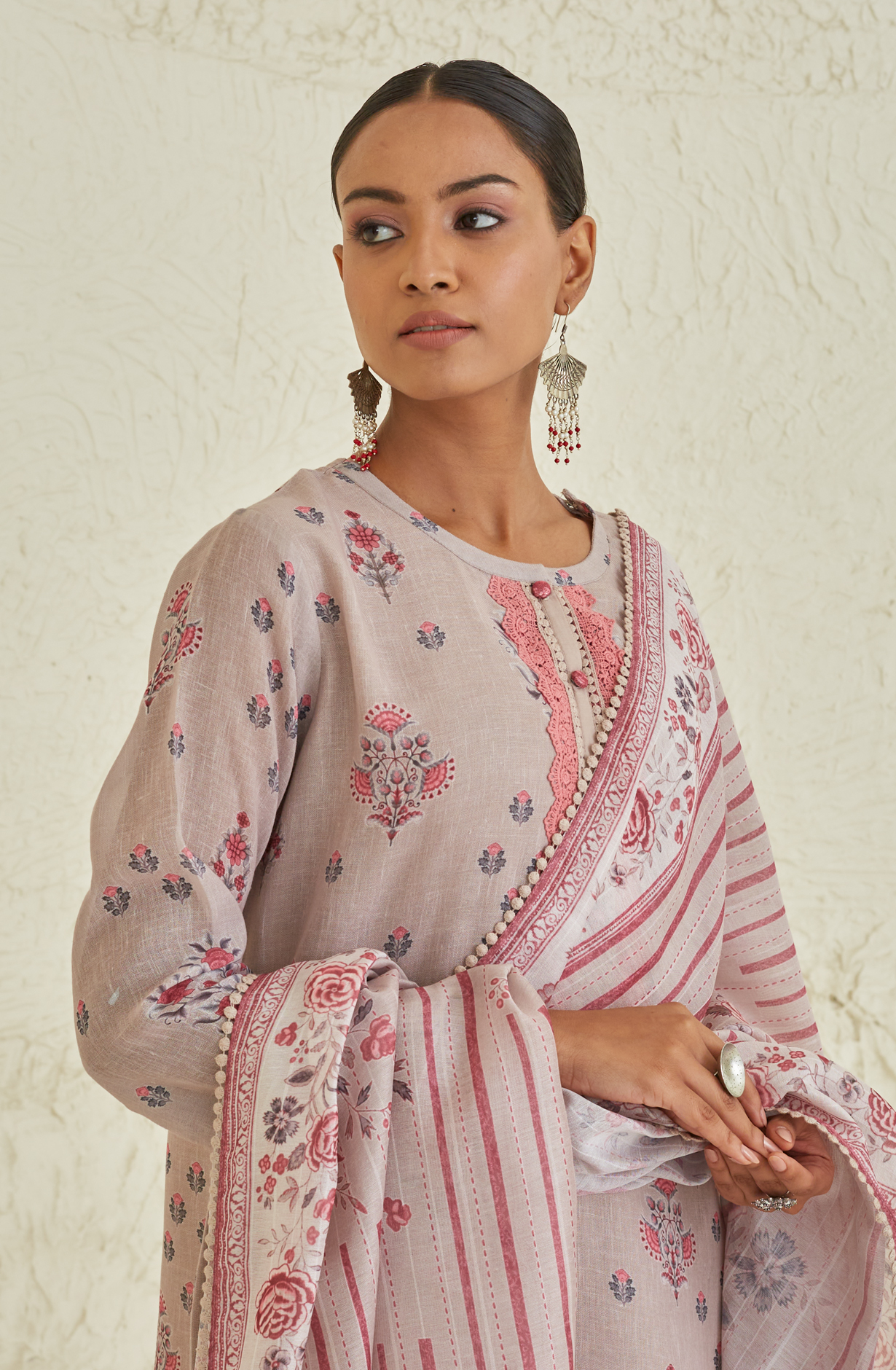 Beige Linen Unstitched Salwar Suit with Chiffon Dupatta - ISH1907B