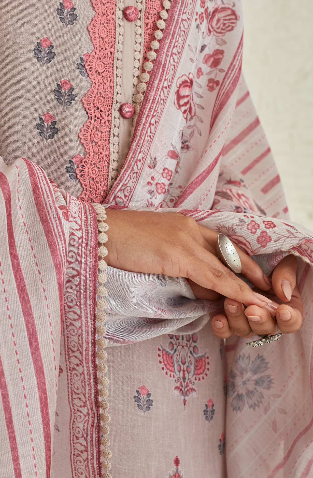 Beige Linen Unstitched Salwar Suit with Chiffon Dupatta - ISH1907B
