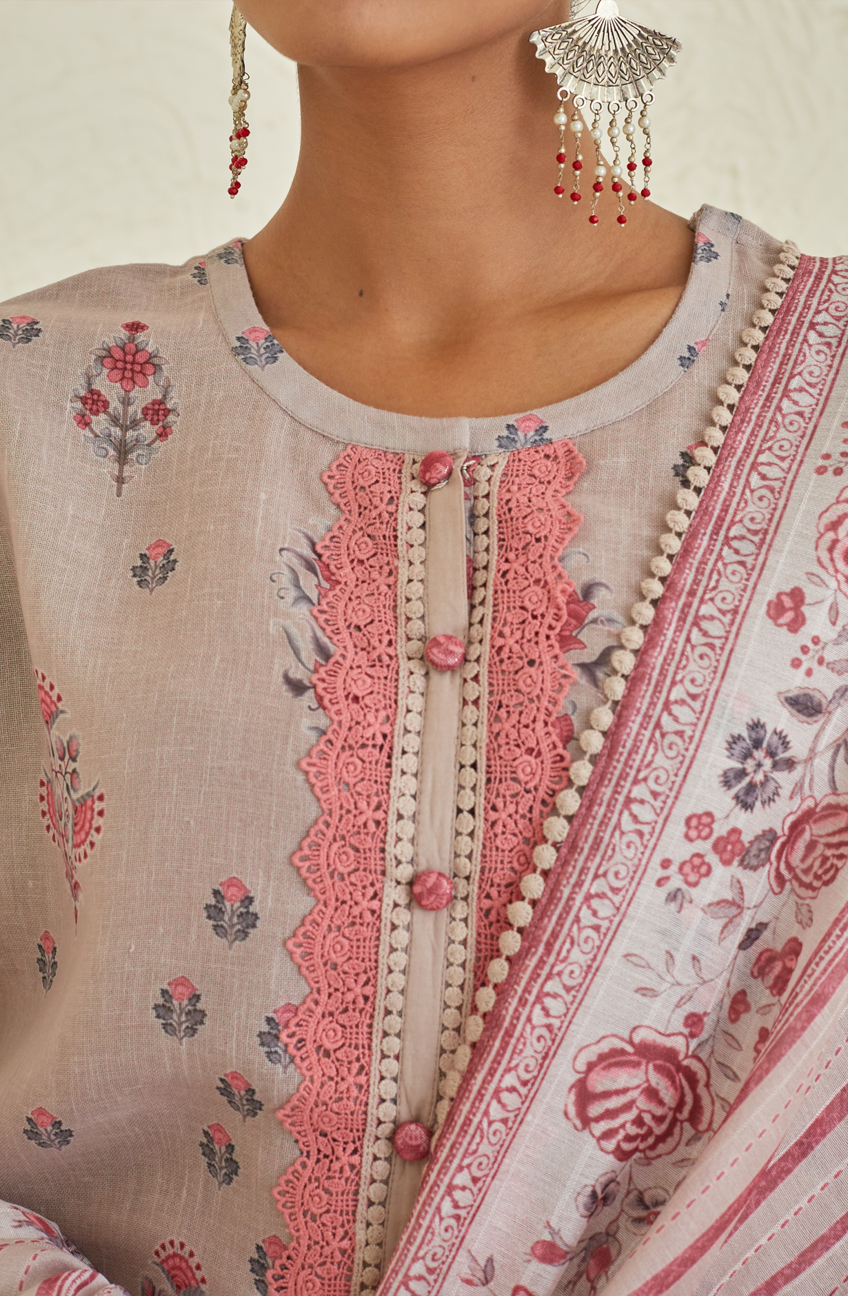 Beige Linen Unstitched Salwar Suit with Chiffon Dupatta - ISH1907B