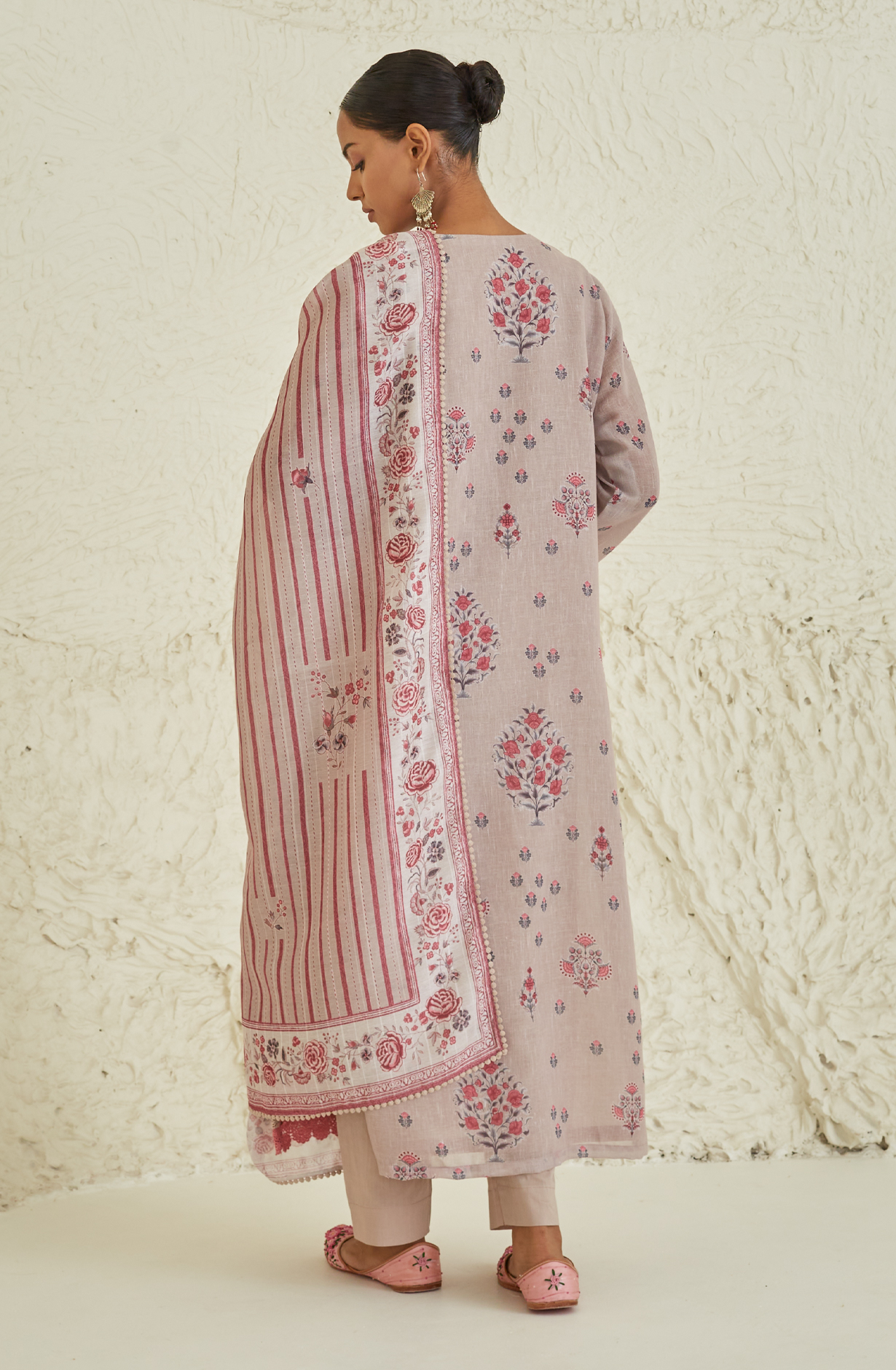 Beige Linen Unstitched Salwar Suit with Chiffon Dupatta - ISH1907B