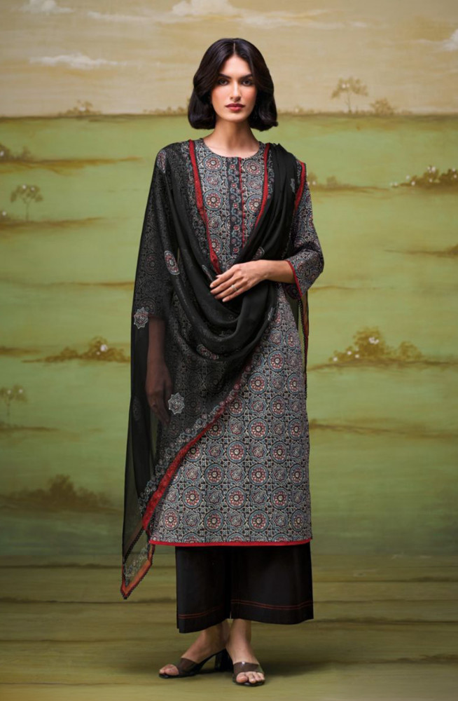 Image of Black Premium Cotton Unstitched Suit Set with Beautiful Dupatta - ISHS4477A