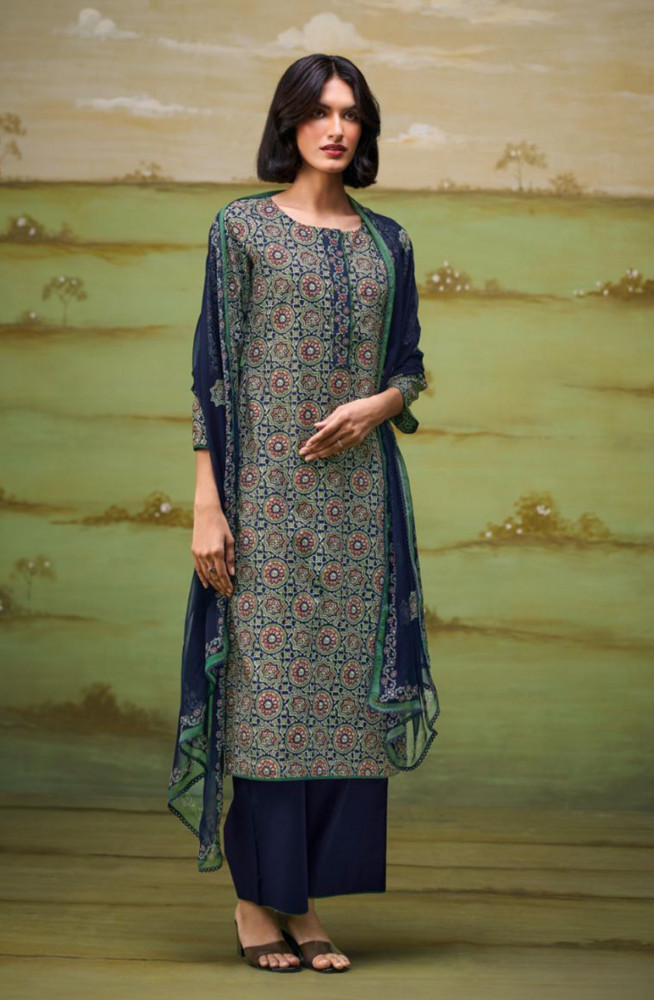 Image of Blue Premium Cotton Unstitched Suit Set with Beautiful Dupatta - ISHS4477D