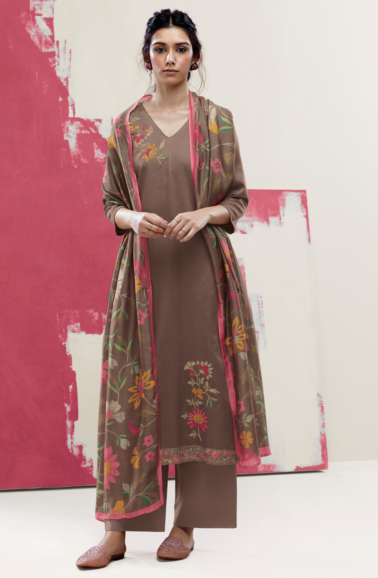 Brown Cotton Satin Unstitched Salwar Kameez - ISHS1327C