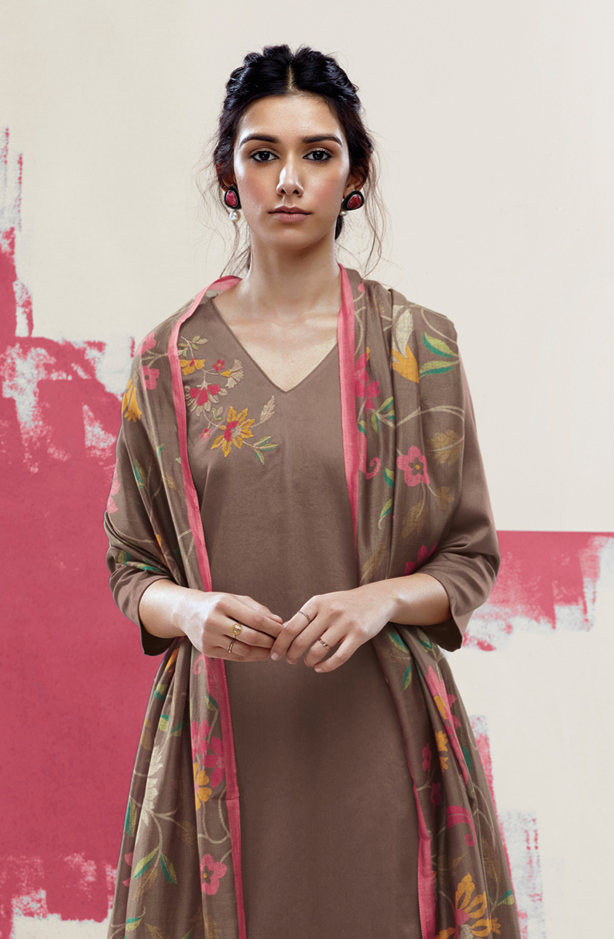 Brown Cotton Satin Unstitched Salwar Kameez - ISHS1327C
